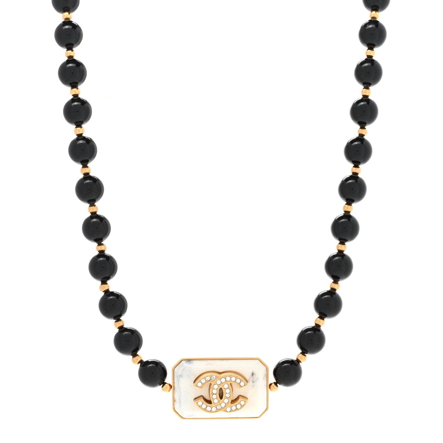Chanel Crystal CC Marble Beaded Choker Necklace Black Gold 1 of 6