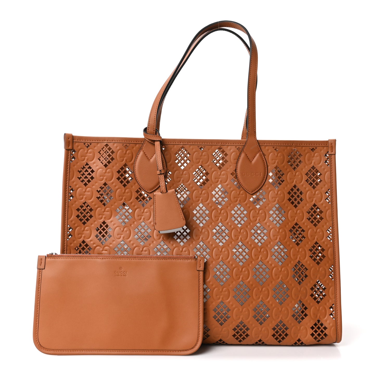 Calfskin GG Monogram Diamond Cut Medium Ophidia Tote Bag Brown