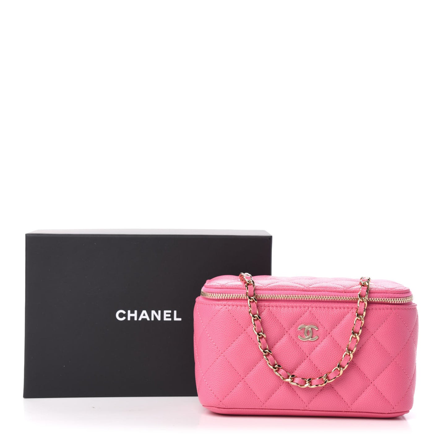 Caviar Quilted Small Vanity Case With Chain Pink