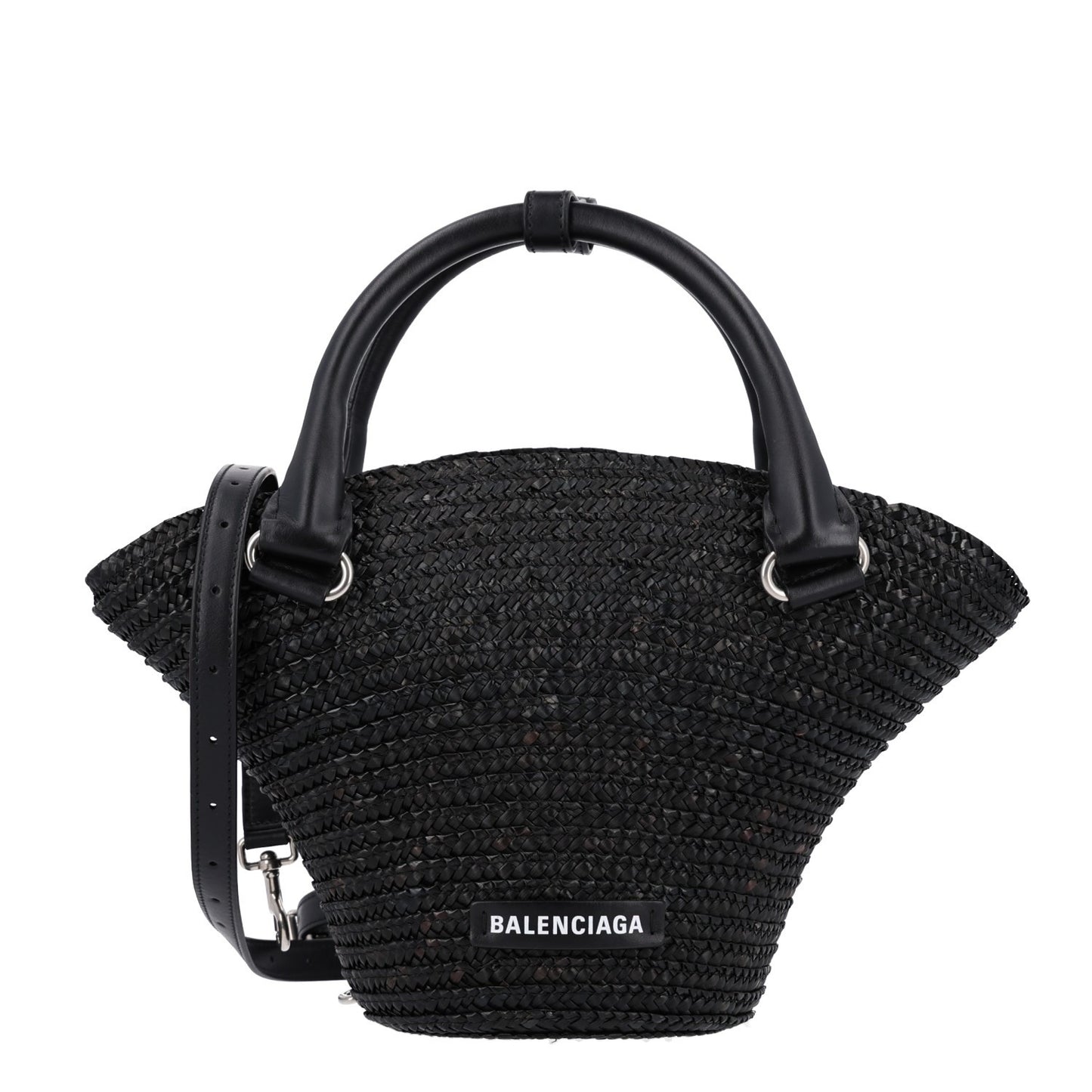 Raffia Woven Mini Le Cagole Tote Bag Black