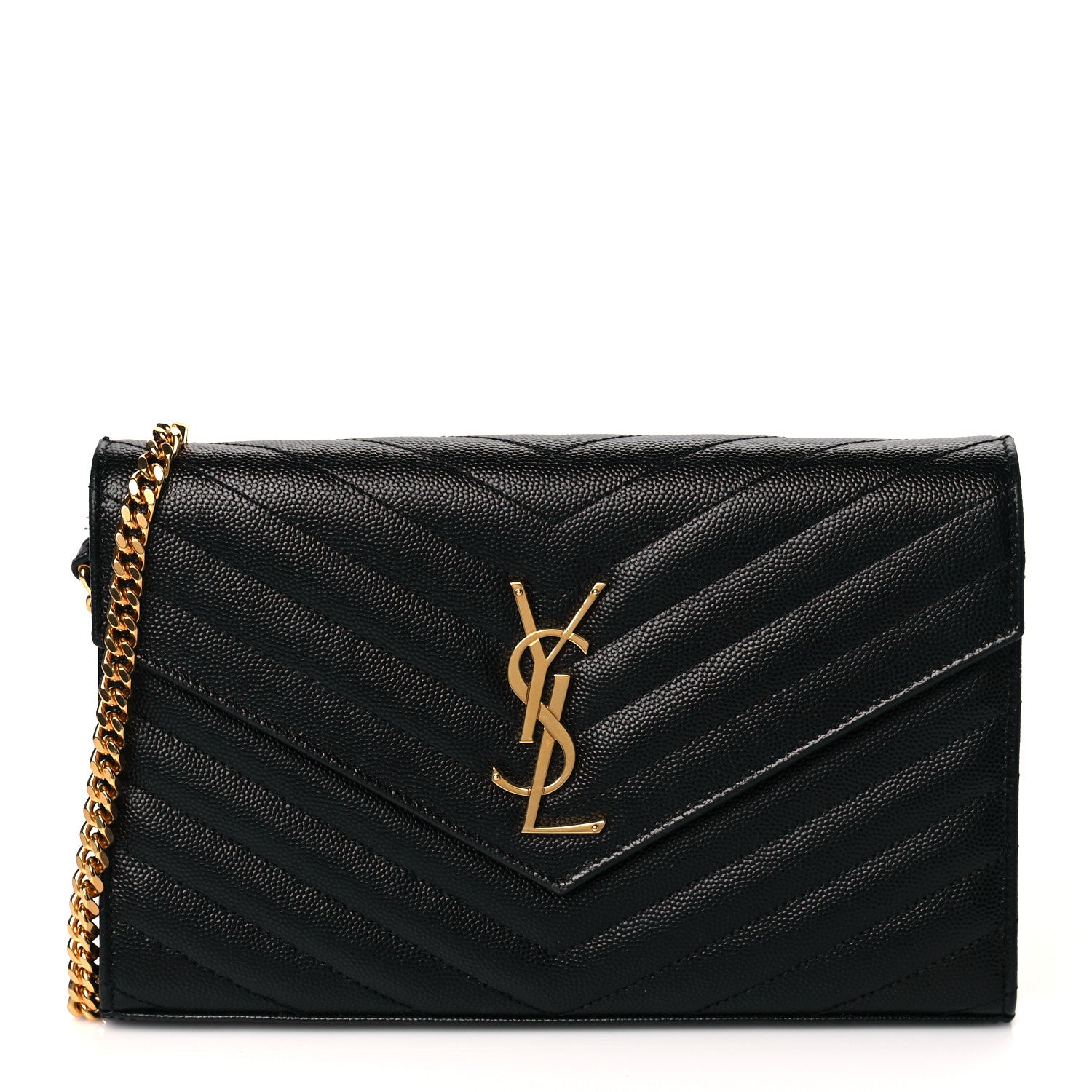Saint Laurent Grain De Poudre Matelasse Chevron Monogram Chain Wallet Black 1 of 11