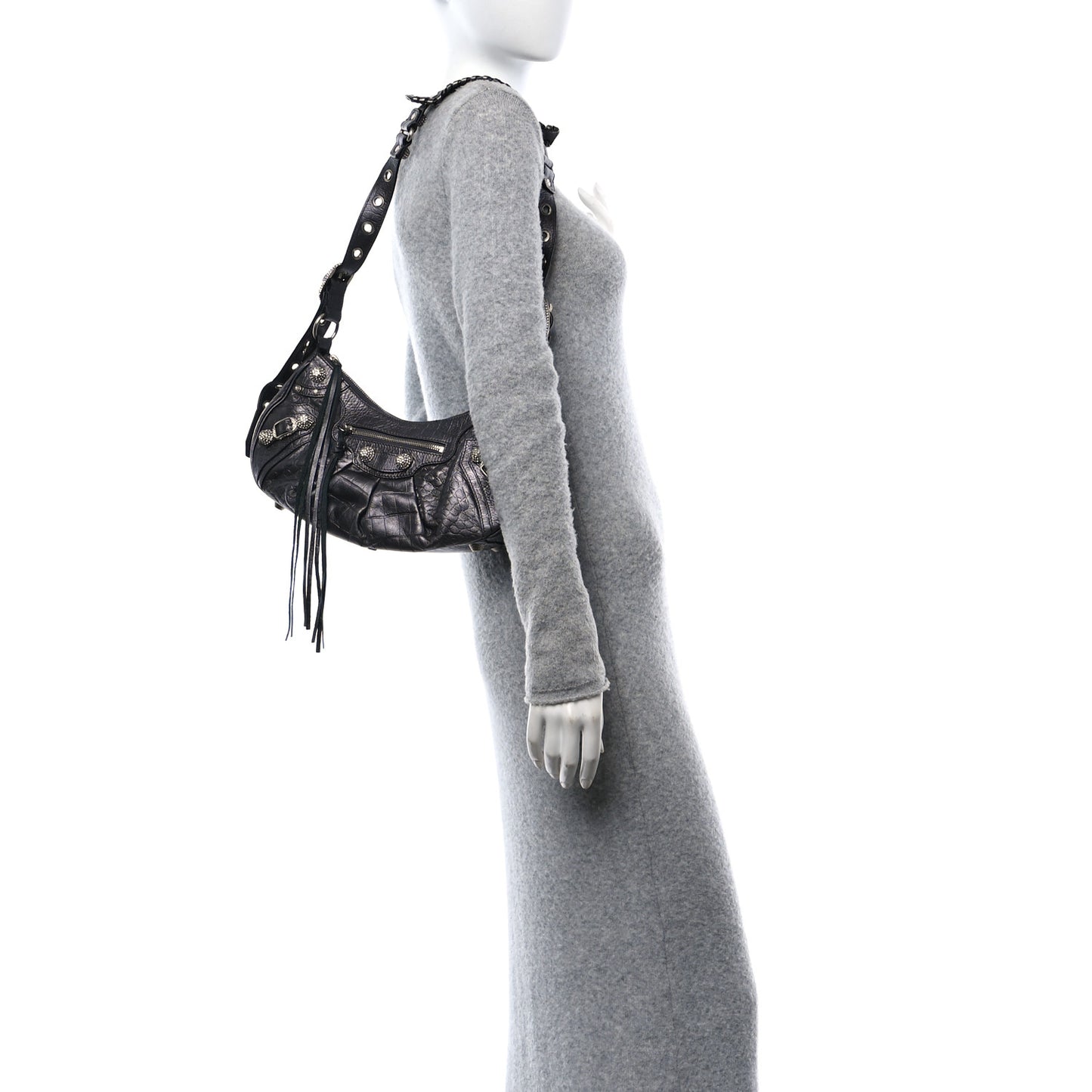 Metallic Calfskin Crocodile Embossed Crystal Small Le Cagole Shoulder Bag Gunmetal