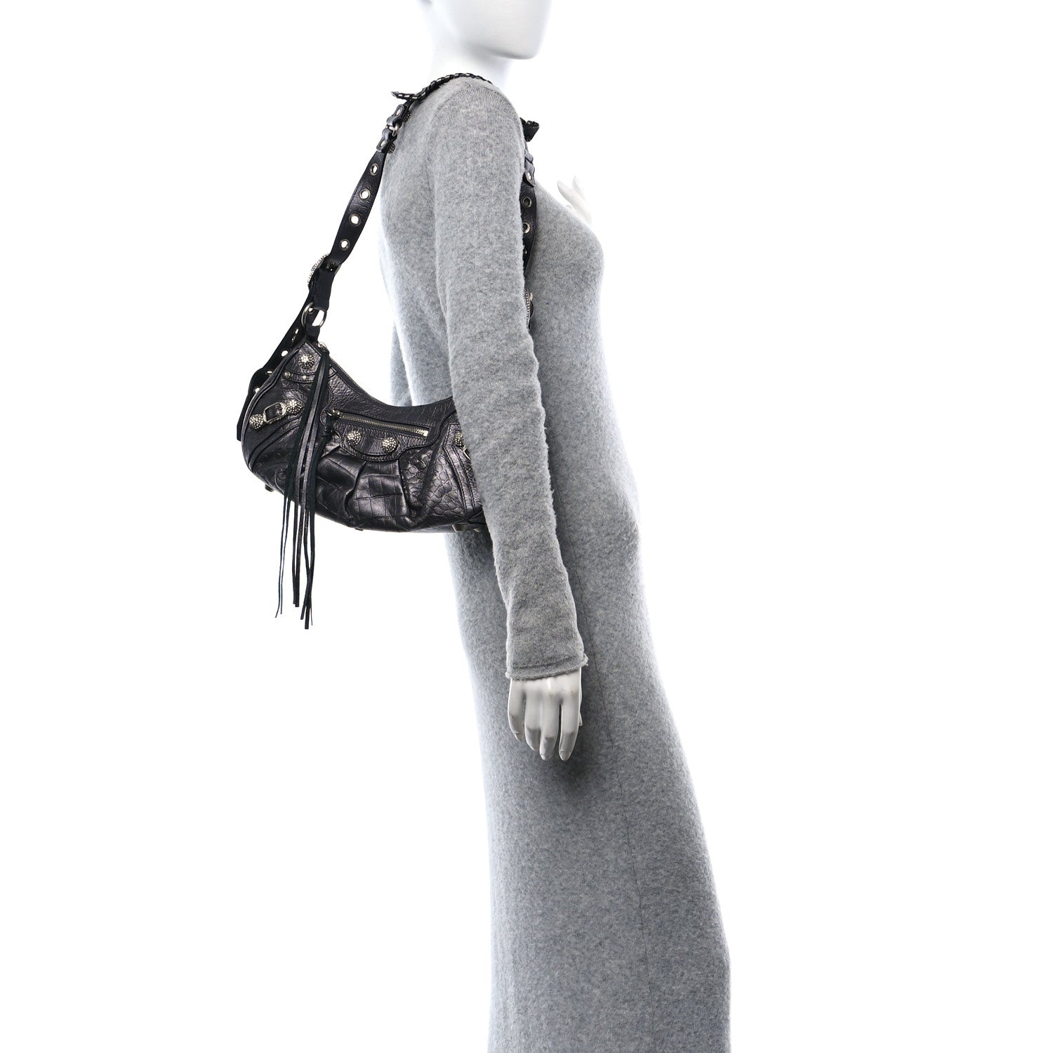 Balenciaga Metallic Calfskin Crocodile Embossed Crystal Small Le Cagole Shoulder Bag Gunmetal 2 of 14