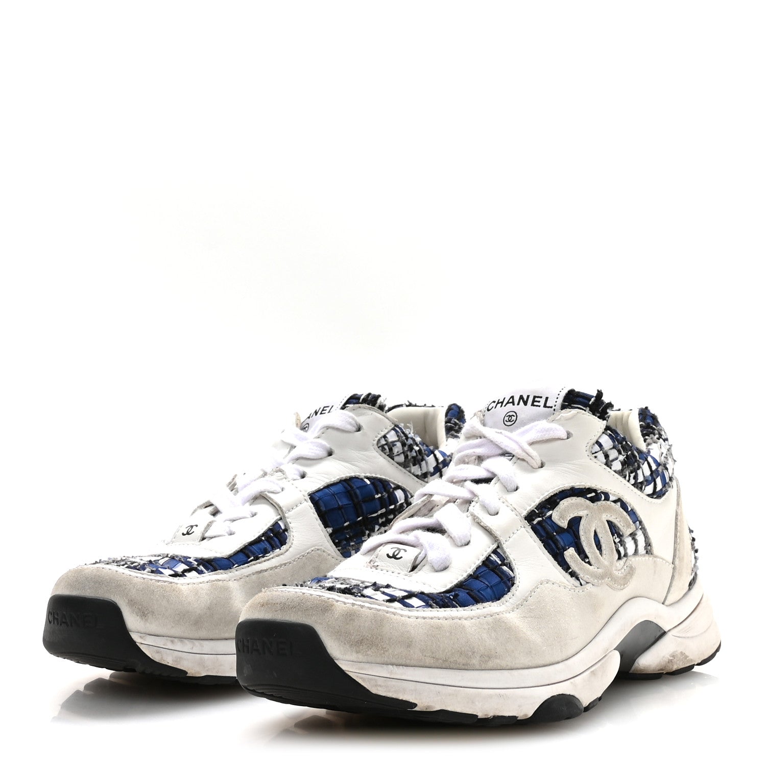 Chanel Tweed Suede Calfskin Womens CC Sneakers 39.5 Dark Blue Black Grey White 4 of 7
