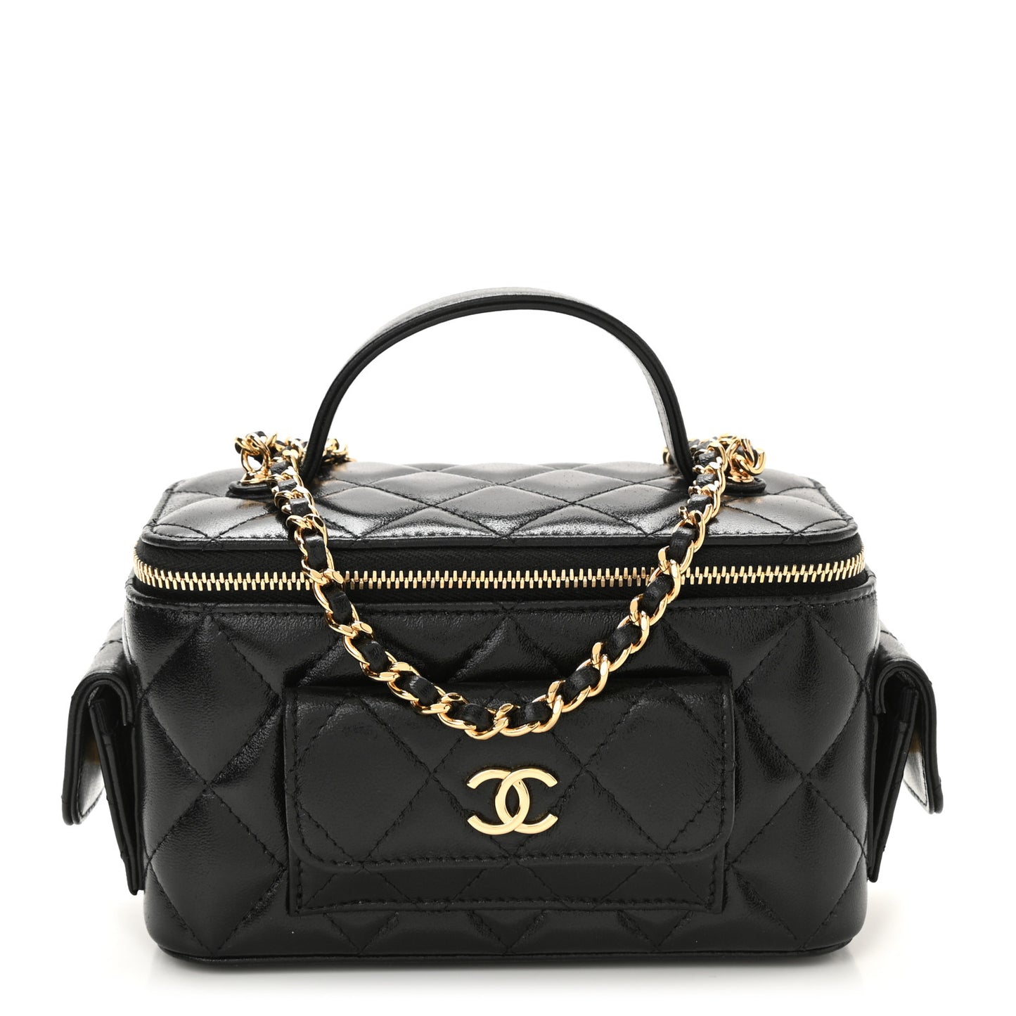 Lambskin Quilted Polly Pocket East West Top Vanity With Chain Black