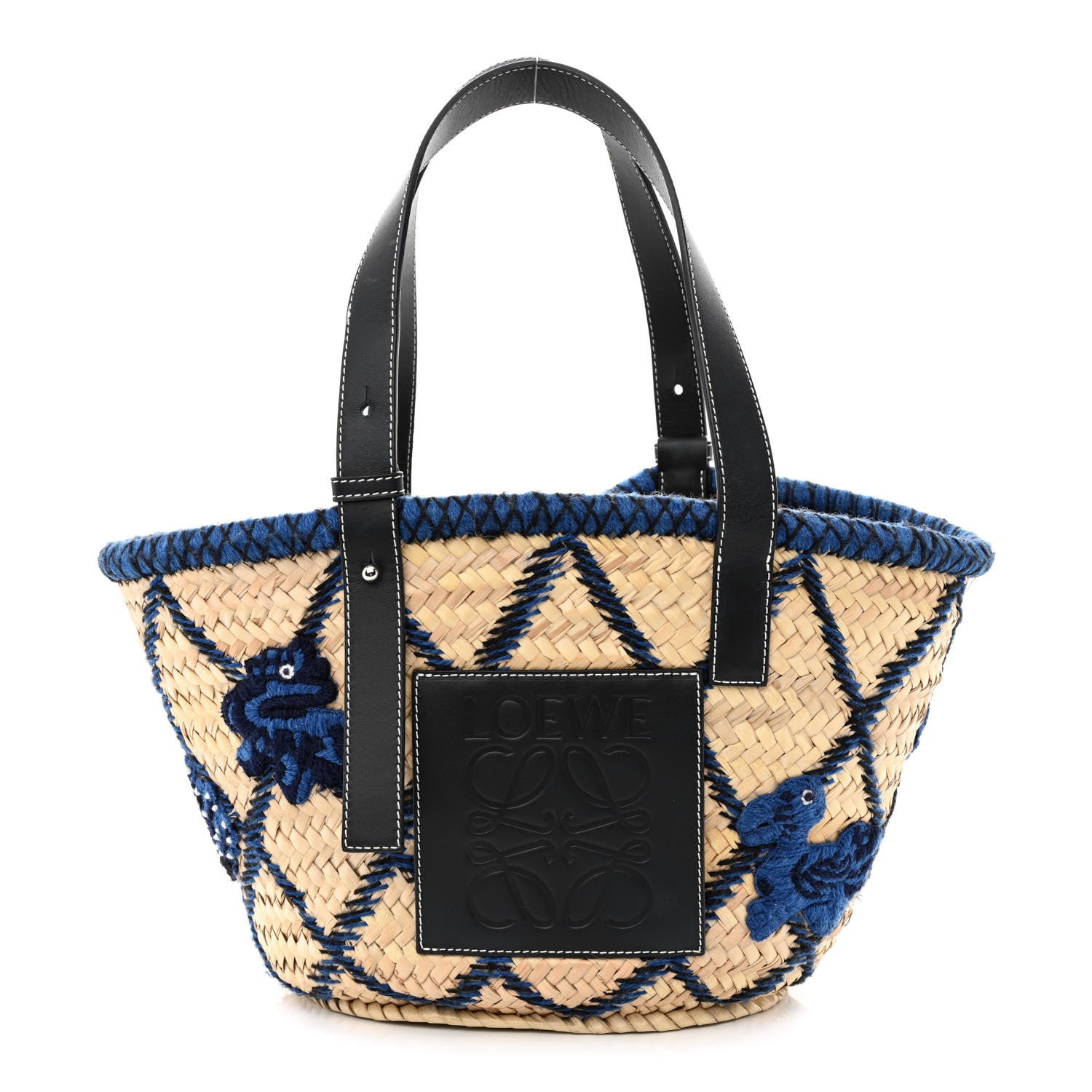Loewe Embroidered Raffia Basket Tote Bag Natural Black Blue 1 of 11