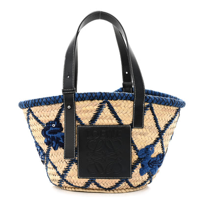 Loewe Embroidered Raffia Basket Tote Bag Natural Black Blue 1 of 11