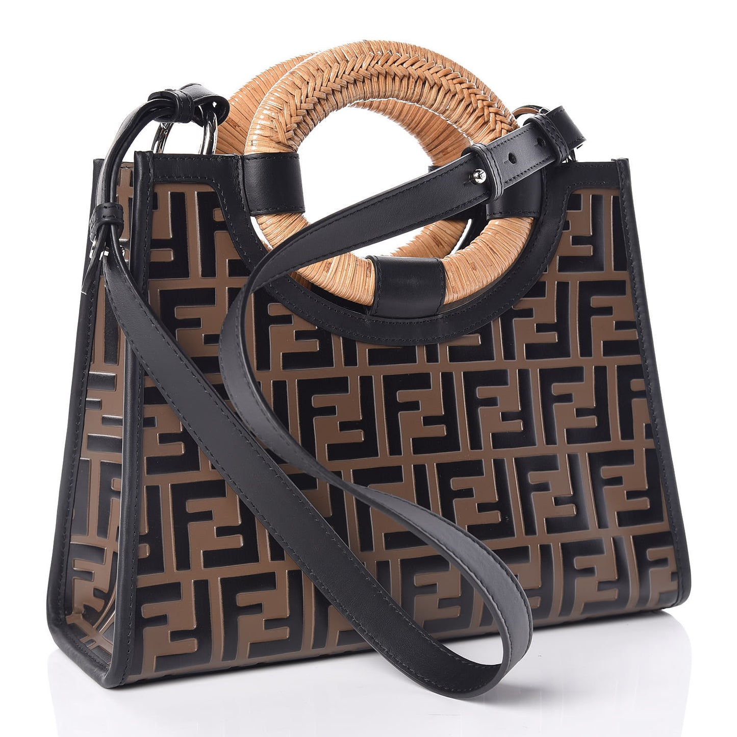 Vitello Century Wicker Bi-Color FF 1974 Embossed Small Runaway Shopper Tote Maya Black