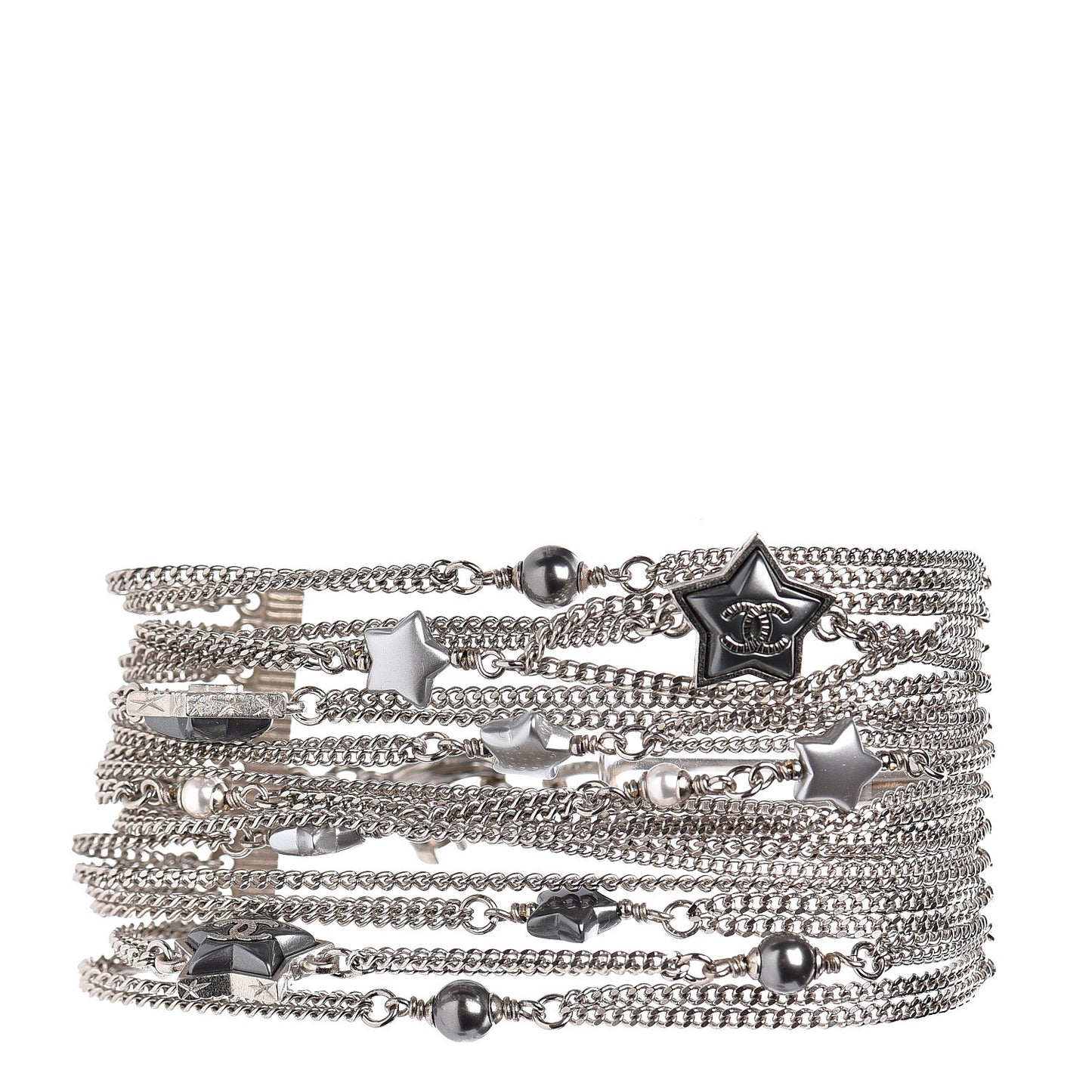 Metal Resin Pearl Multistrand Chain CC Bracelet Grey