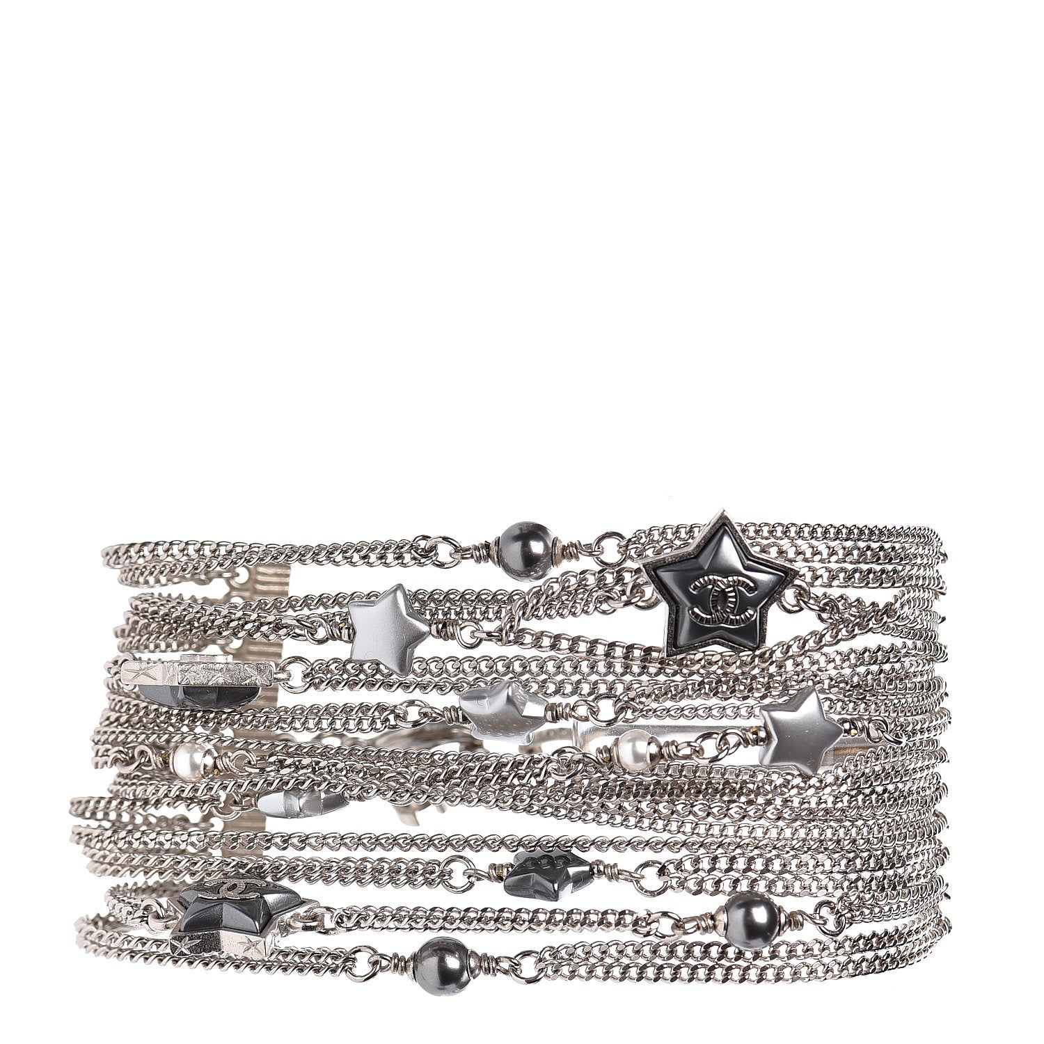 Chanel Metal Resin Pearl Multistrand Chain CC Bracelet Grey 1 of 5
