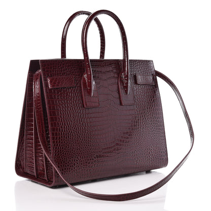 Saint Laurent Calfskin Crocodile Embossed Small Sac de Jour Wine 4 of 15