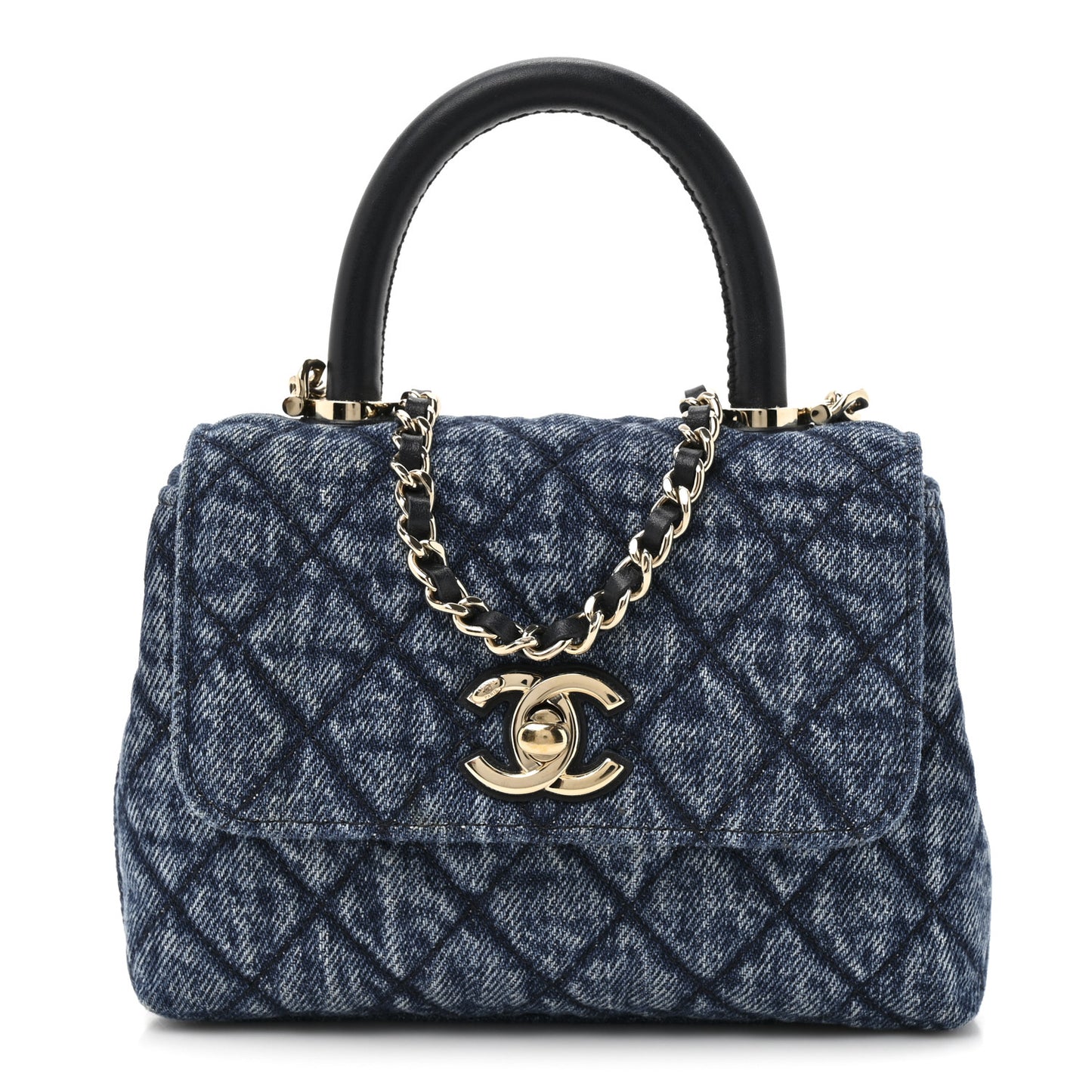 Washed Denim Calfskin Quilted Coco Handle Clutch With Chain Blue