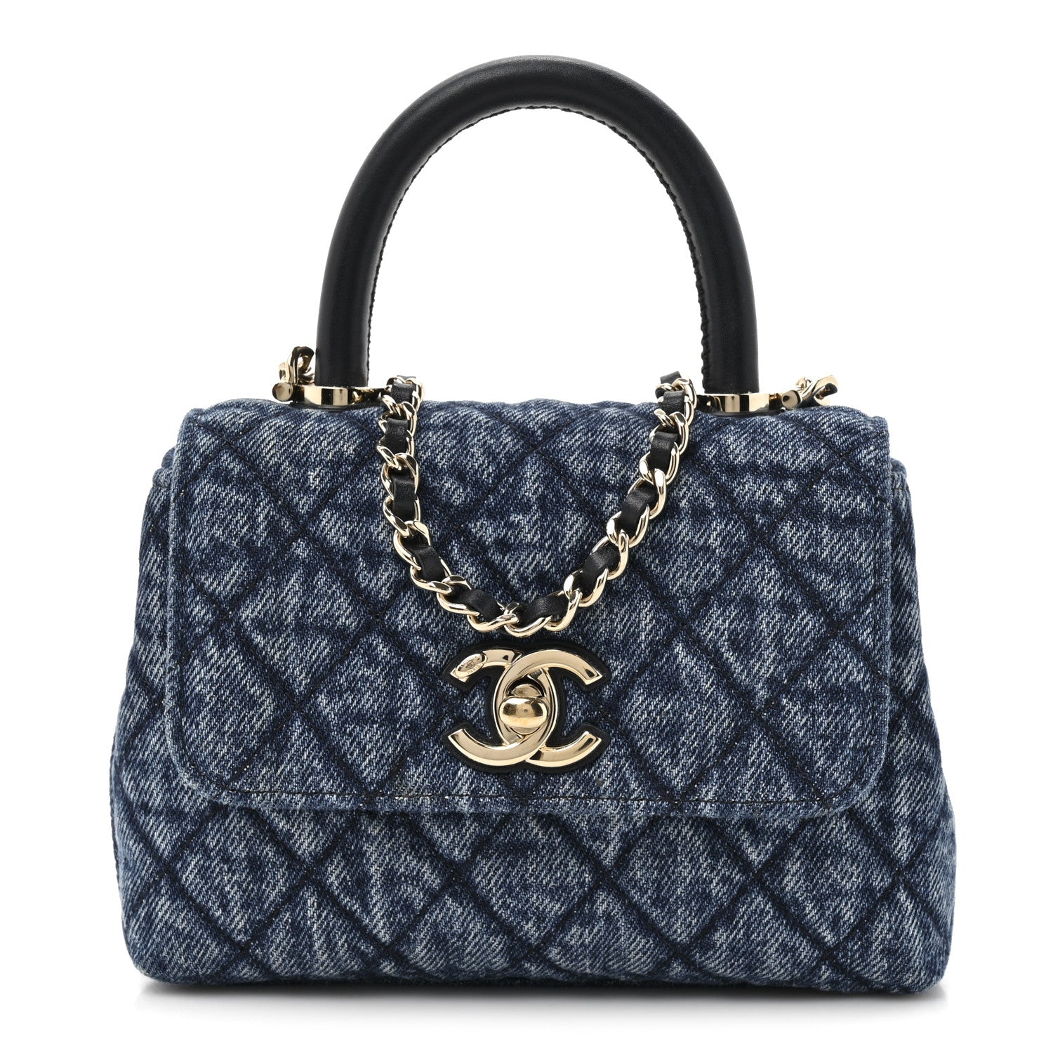 Chanel Washed Denim Calfskin Quilted Coco Handle Clutch With Chain Blue 1 of 10