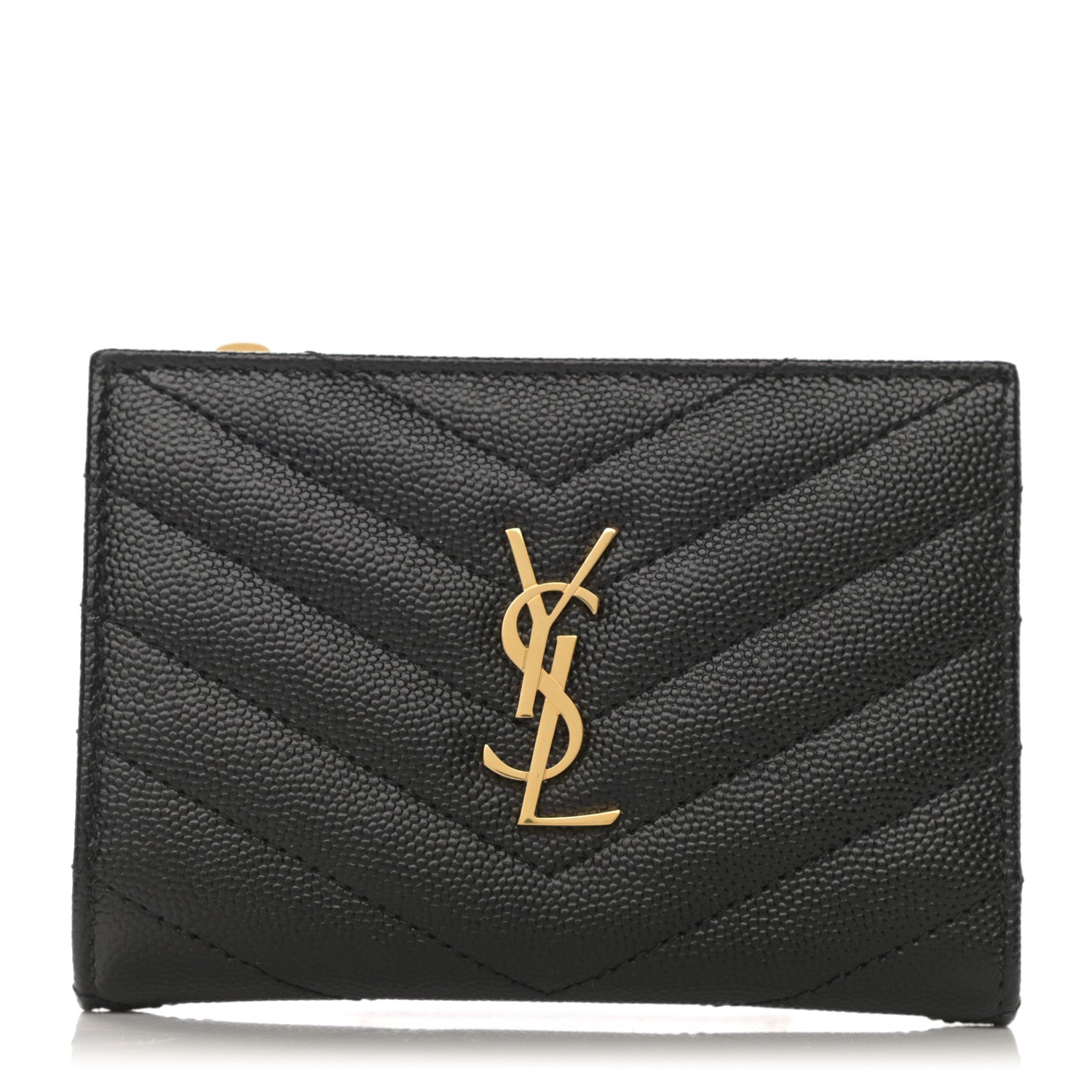 Saint Laurent Grain De Poudre Matelasse Chevron Monogram Zipped Card Case Black 1 of 8