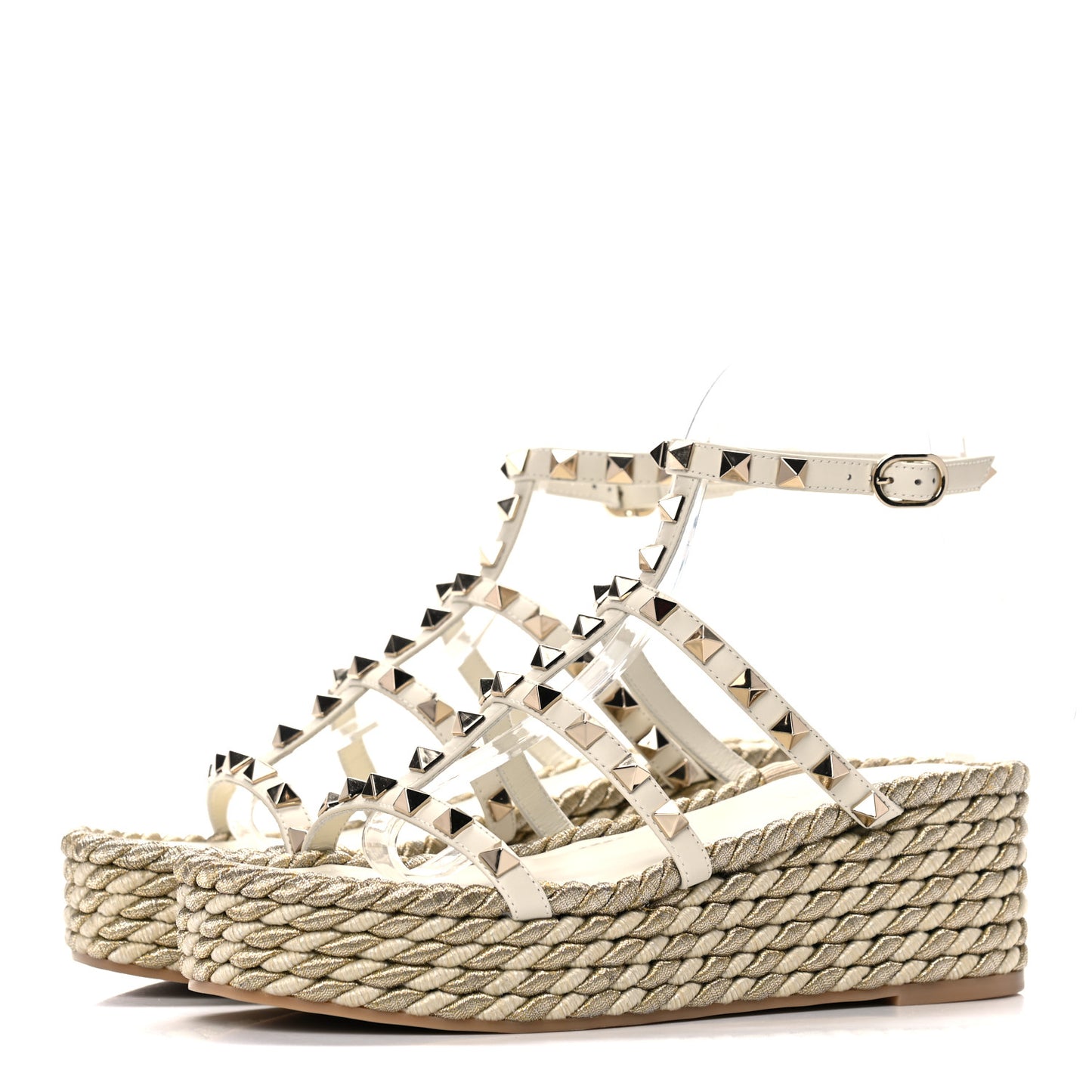 Calfskin Rockstud Ankle Strap Torchon Espadrille Caged 30/55mm Sandals 36 Light Ivory