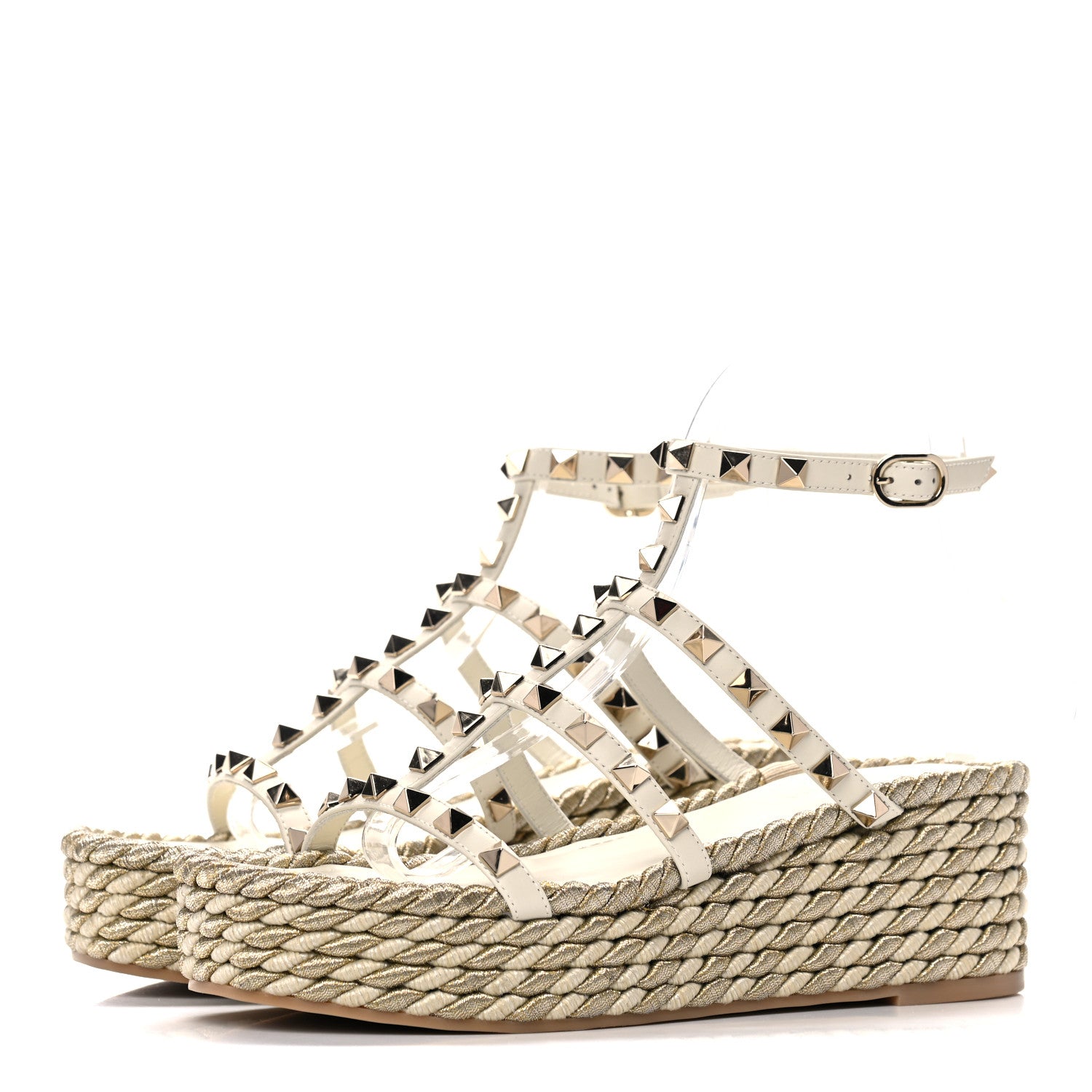 Valentino Garavani Calfskin Rockstud Ankle Strap Torchon Espadrille Caged 30/55mm Sandals 36 Light Ivory 3 of 11