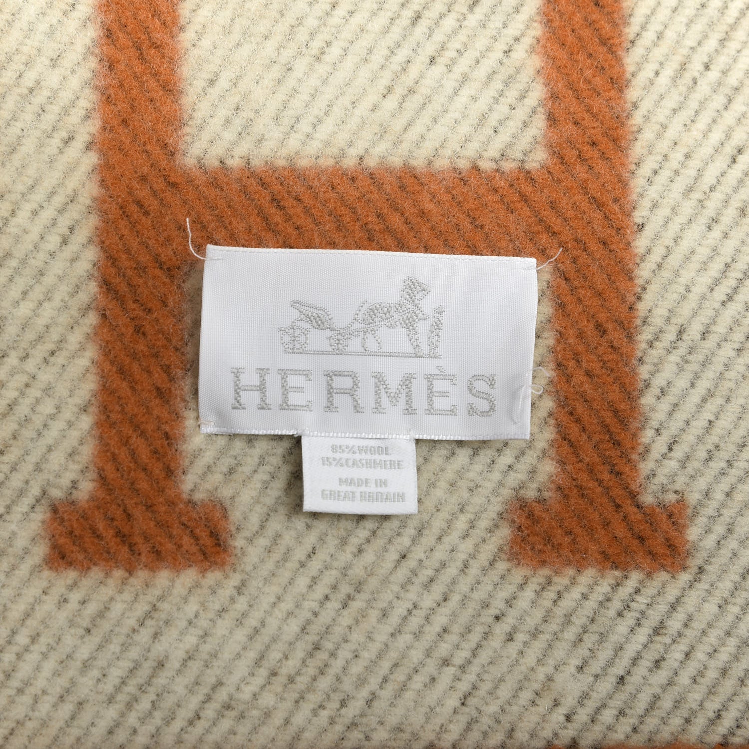 Hermes Wool Cashmere Signature Classic Avalon Blanket Ecru Potiron 3 of 3