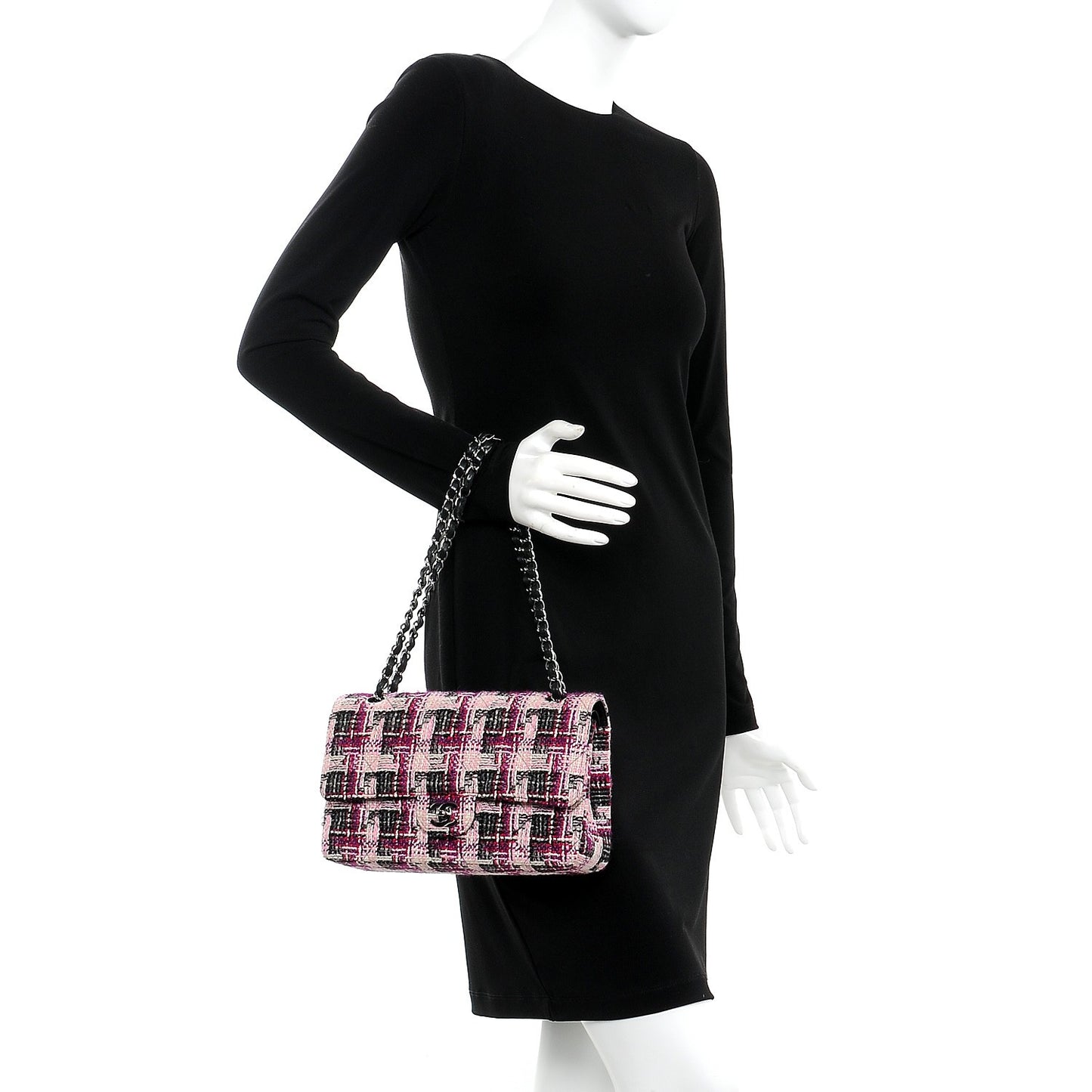 Tweed Quilted Medium Double Flap Pink Black