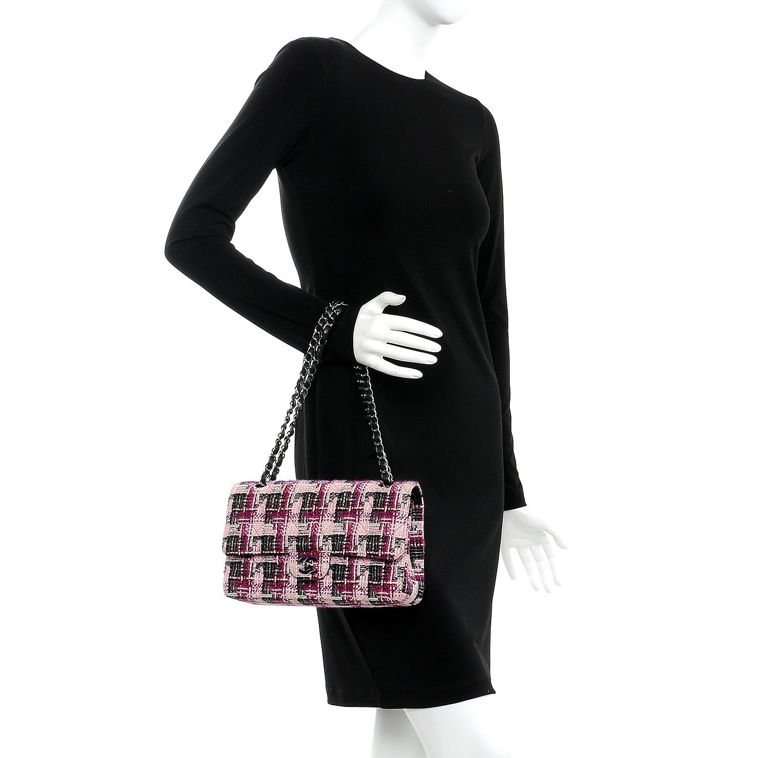 Chanel Tweed Quilted Medium Double Flap Pink Black 2 of 13