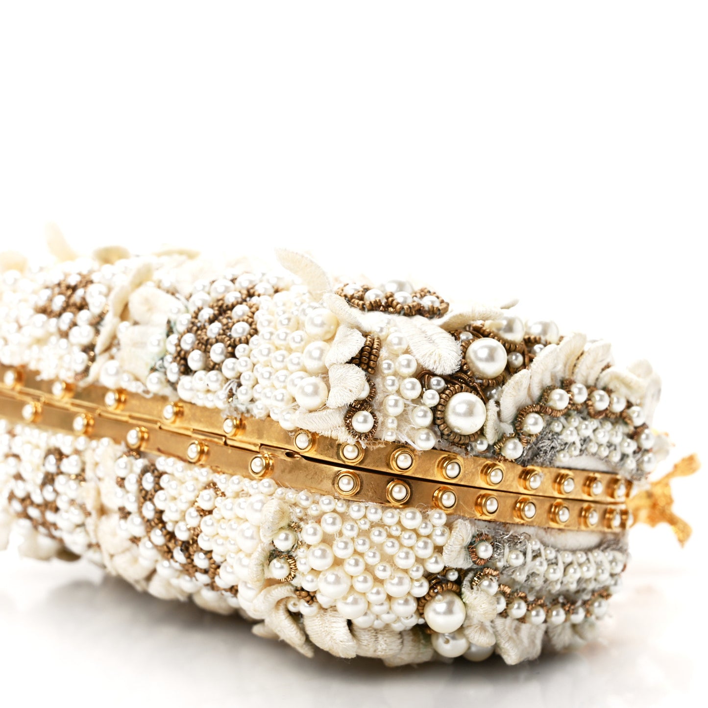 Embroidered Pearl Angel Knuckle Box Clutch Ivory Gold