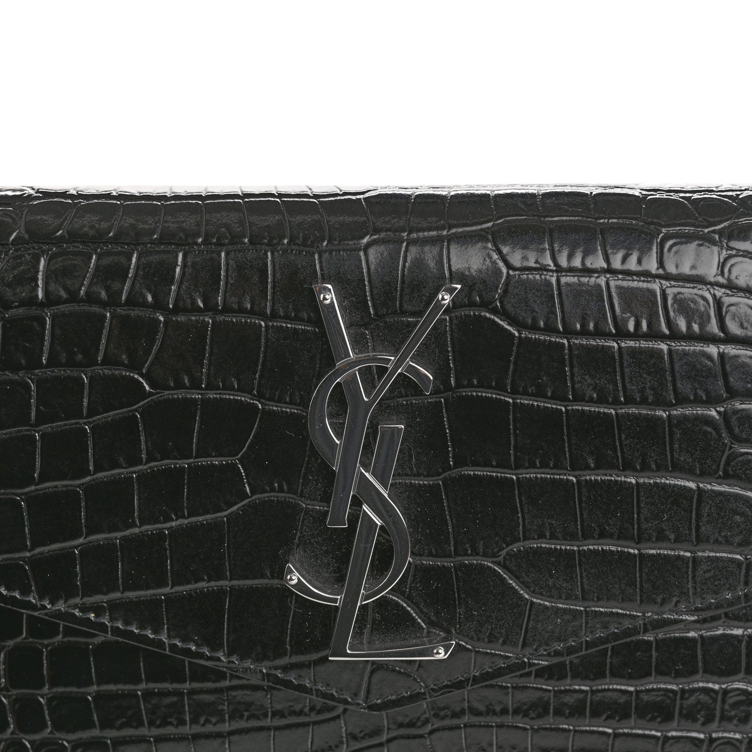 Saint Laurent Calfskin Crocodile Embossed Uptown Monogram Pouch Black 8 of 8