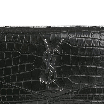 Saint Laurent Calfskin Crocodile Embossed Uptown Monogram Pouch Black 8 of 8
