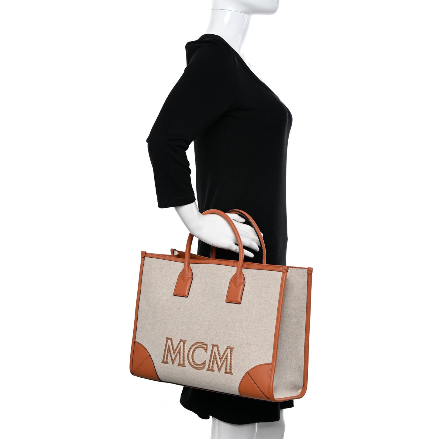 Calfskin Linen Large Munchen Tote Cognac