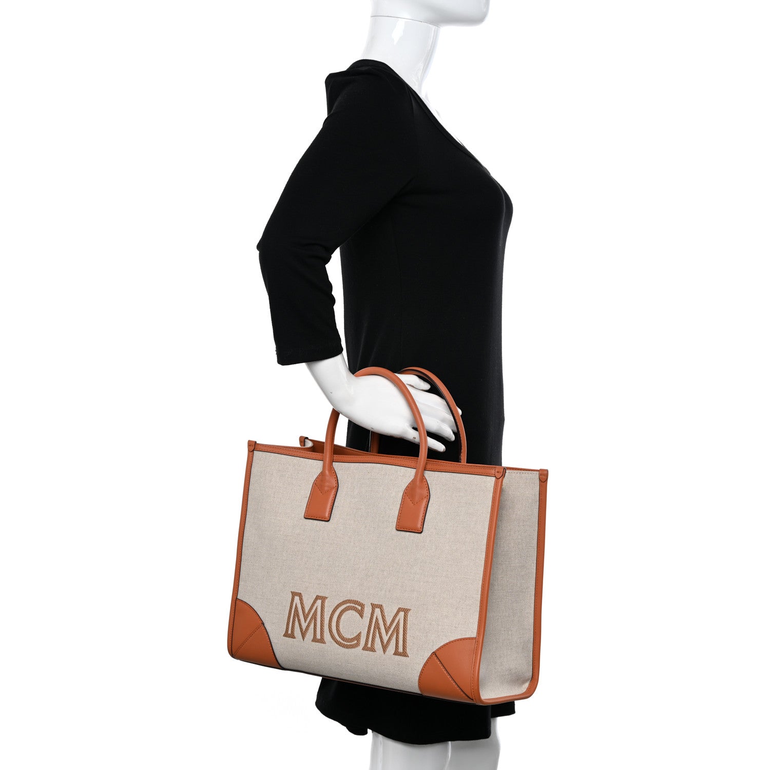 MCM Calfskin Linen Large Munchen Tote Cognac 2 of 15