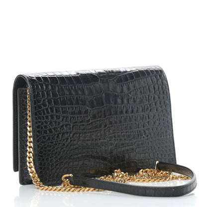 Saint Laurent Calfskin Crocodile Embossed Kate Monogram Tassel Chain Wallet Black 3 of 16