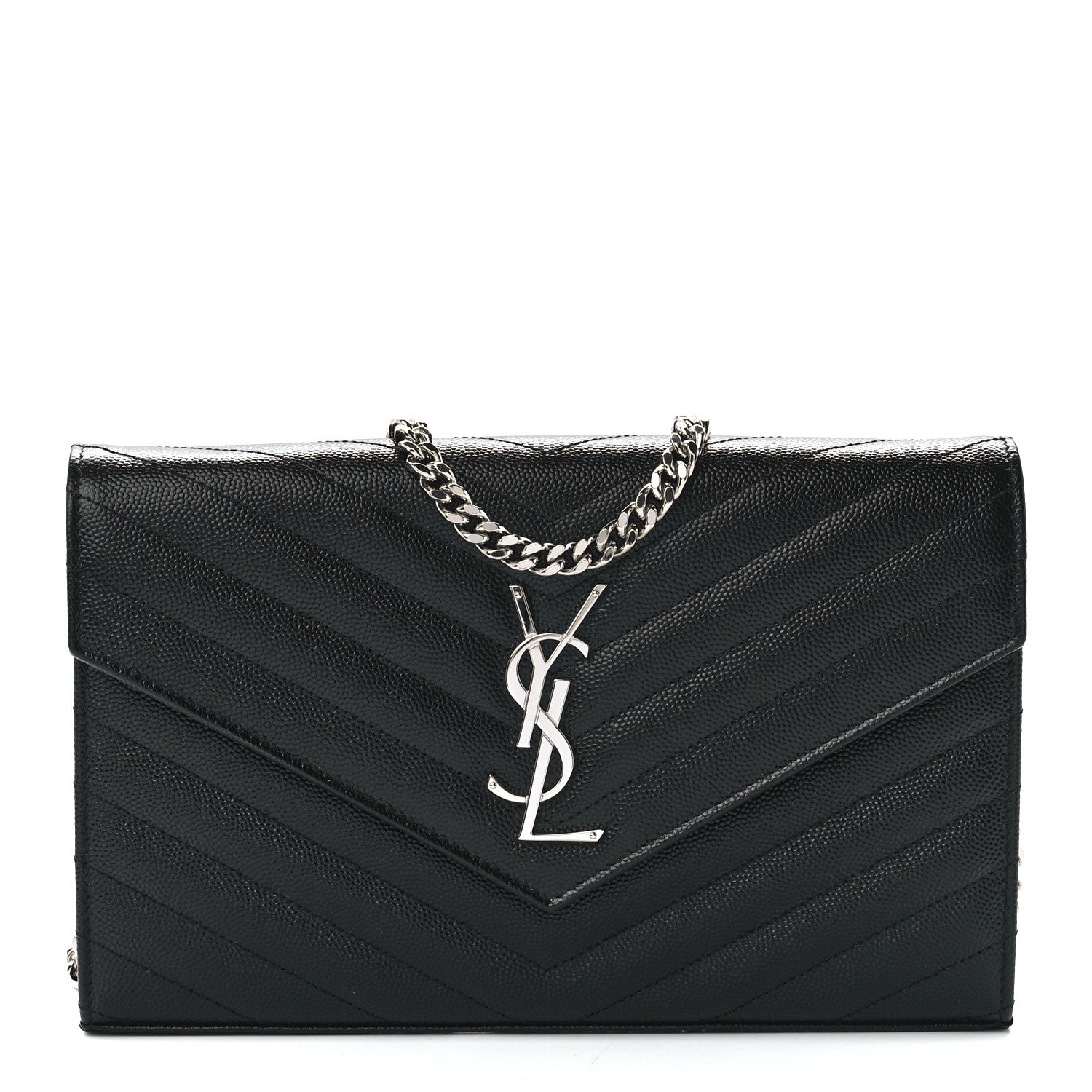 Saint Laurent Grain De Poudre Matelasse Chevron Monogram Chain Wallet Black 1 of 10