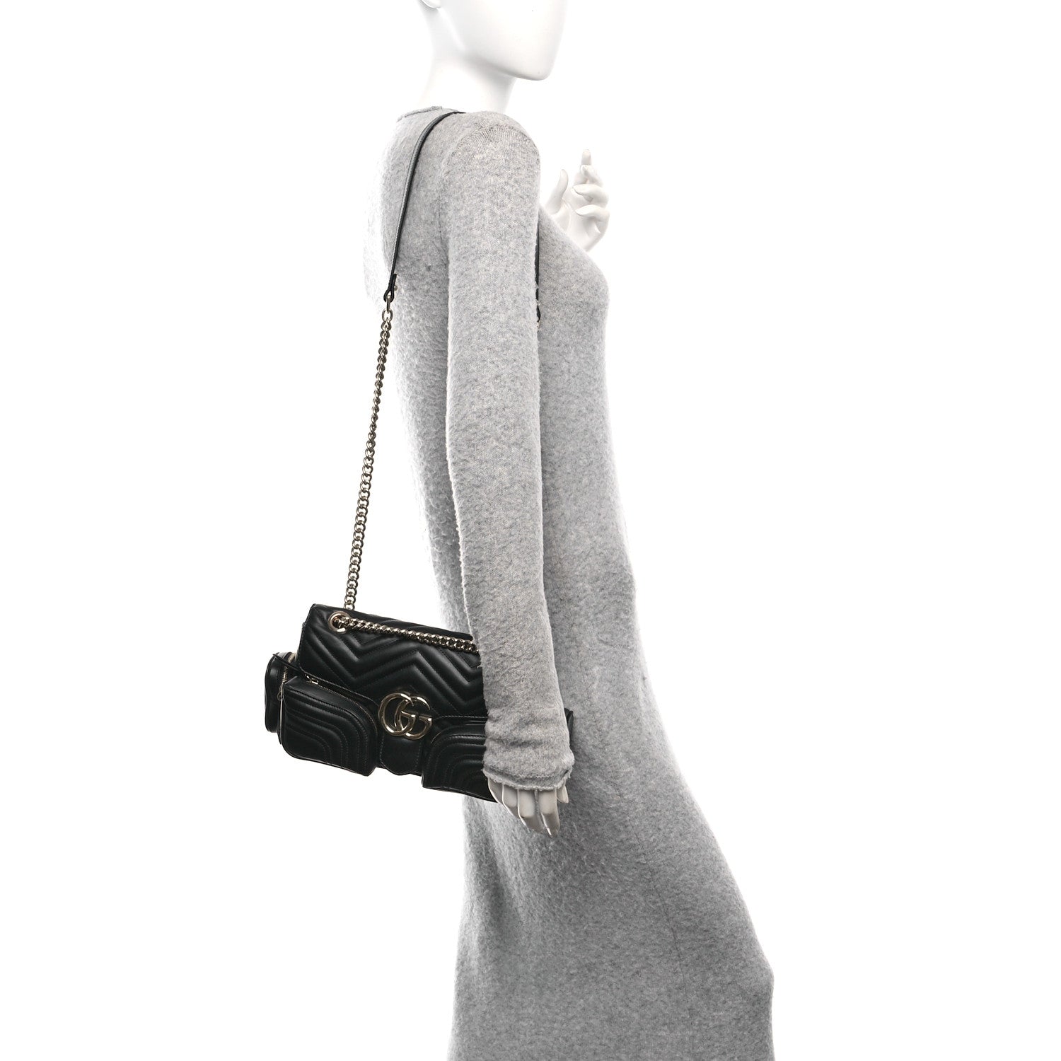 Gucci Calfskin Matelasse Small GG Marmont Multi Pocket Shoulder Bag Black 2 of 10