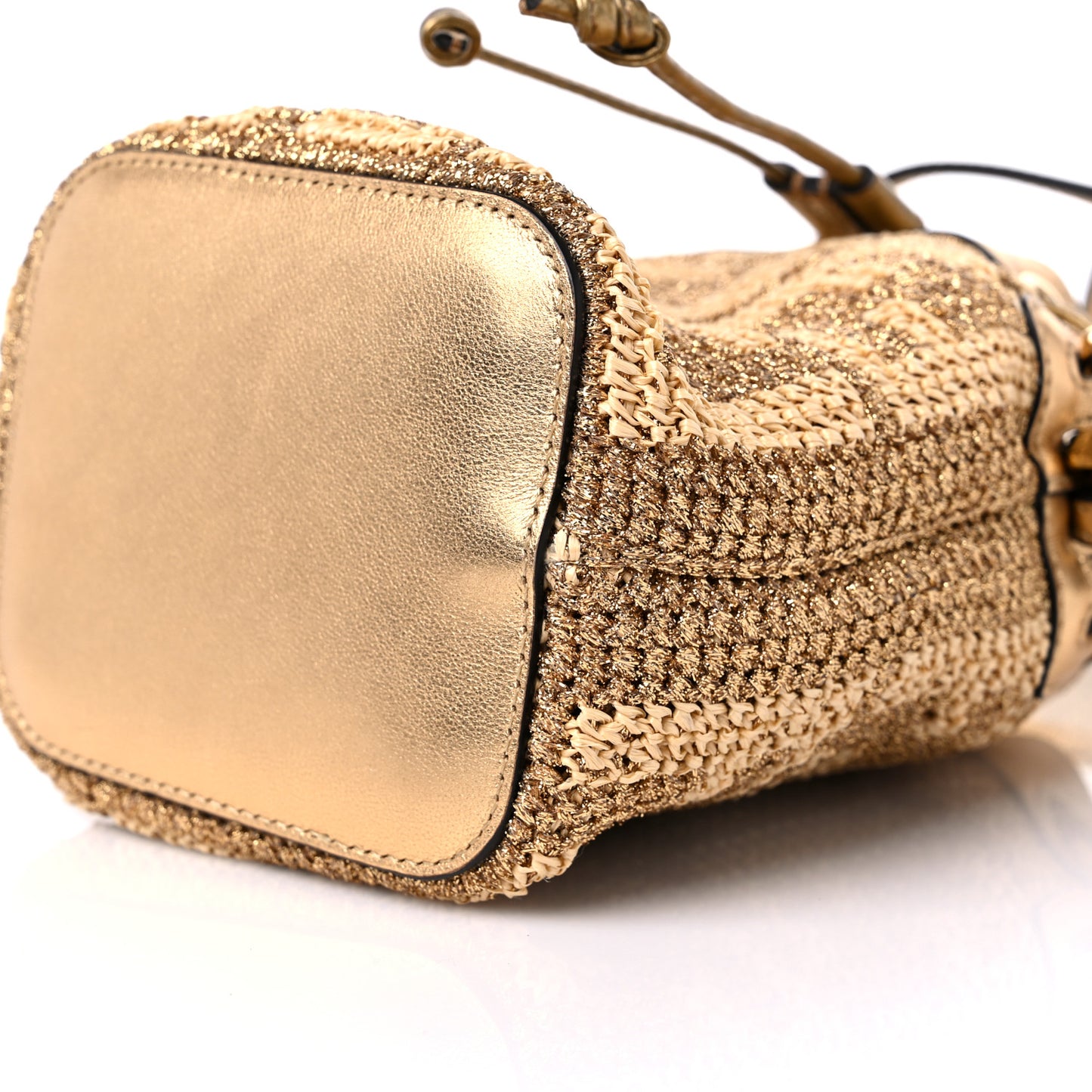 Raffia Lurex Vitello Laminato F is Fendi FF Crochet Mini Mon Tresor Bucket Bag Natural Oro