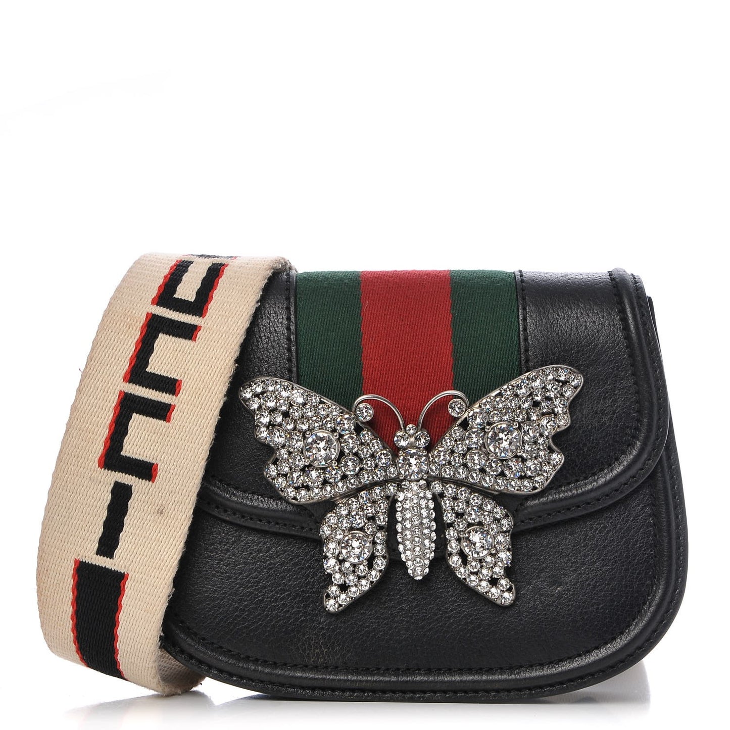 Calfskin Web Crystal Butterfly Stripe Small Totem Shoulder Bag Black