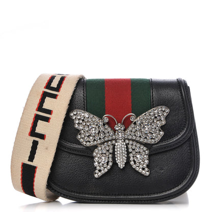 Gucci Calfskin Web Crystal Butterfly Stripe Small Totem Shoulder Bag Black 1 of 12