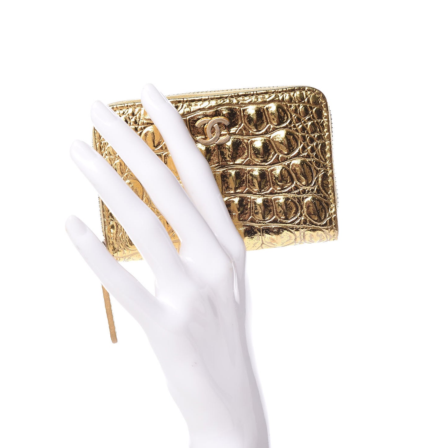 Metallic Calfskin Crocodile Embossed Cocodile Zip Coin Case Gold