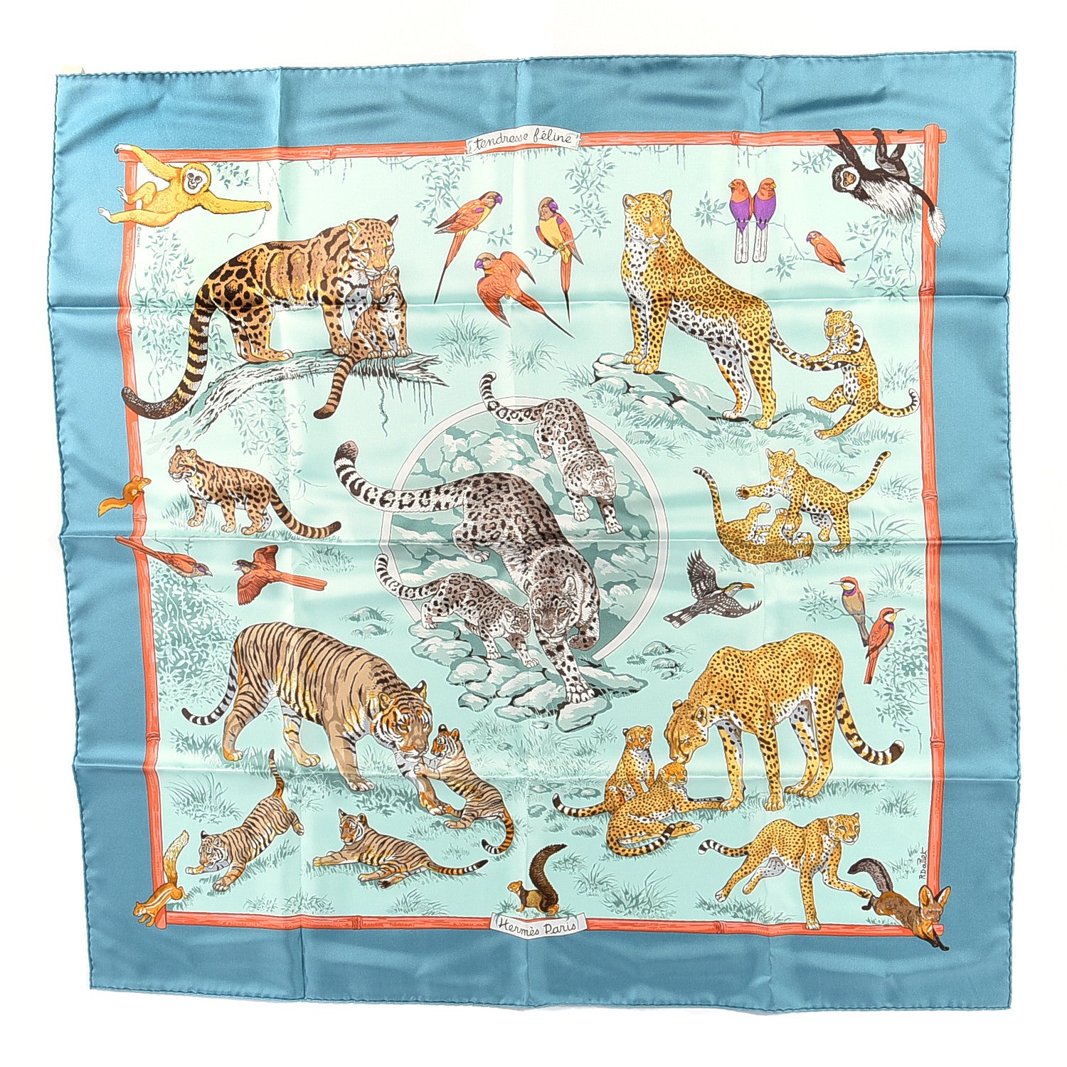 Hermes Silk Tendresse Feline Scarf 90 Vert De Gris Aqua Saumon 1 of 3