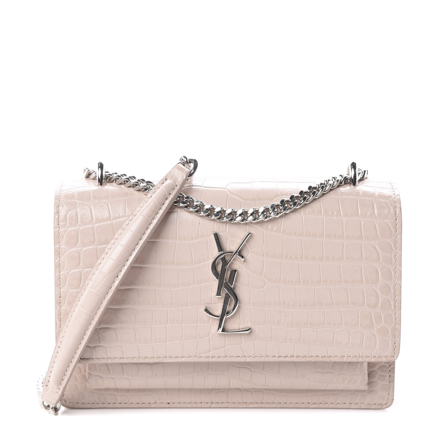 Calfskin Crocodile Embossed Monogram Sunset Chain Wallet Marble Pink