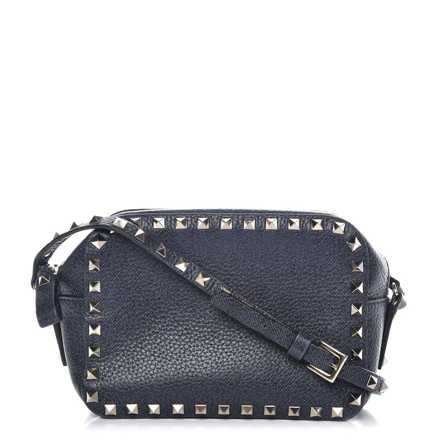 Pebbled Calfskin Rockstud Camera Crossbody Bag Deep Denim