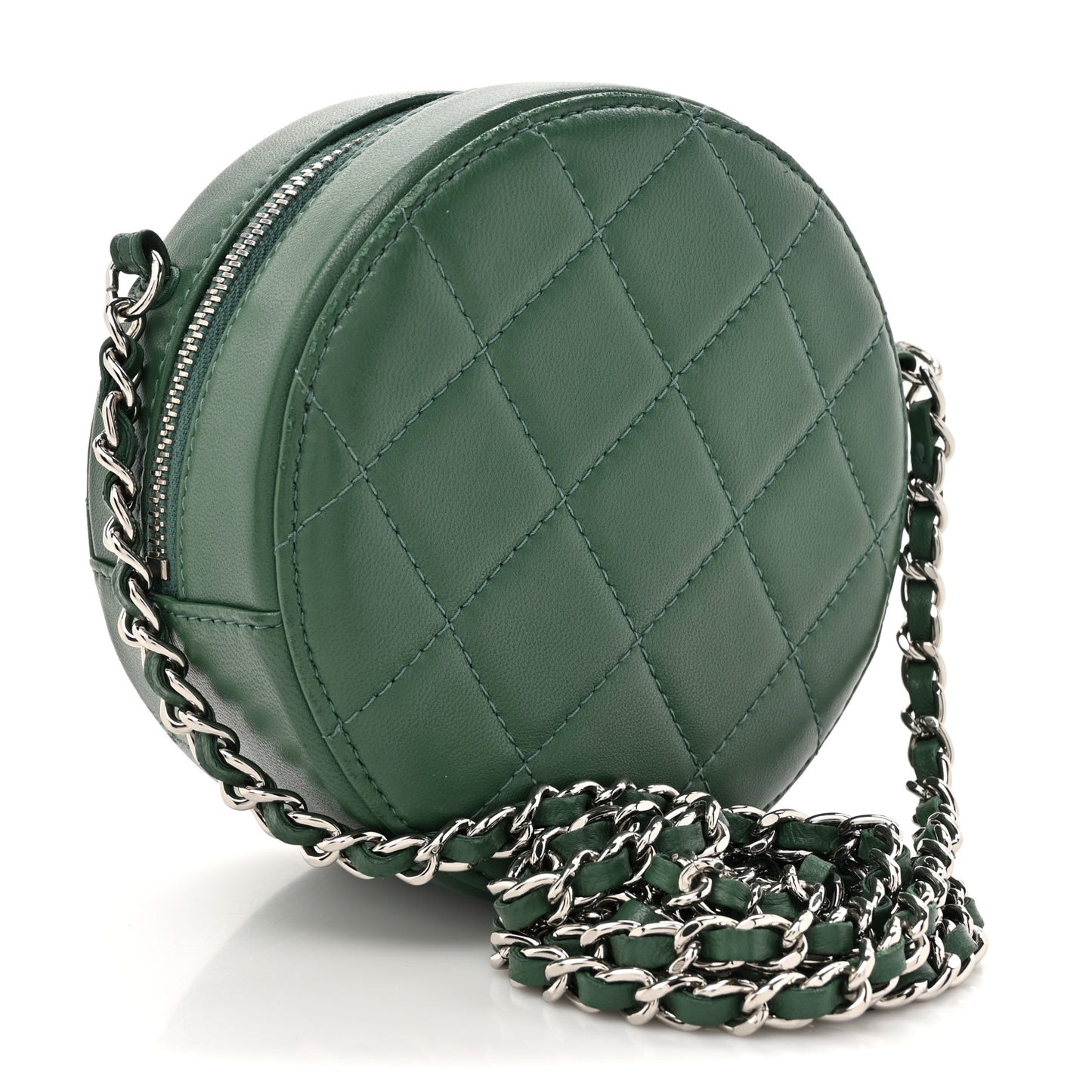 Lambskin Quilted Round Clutch With Chain Green