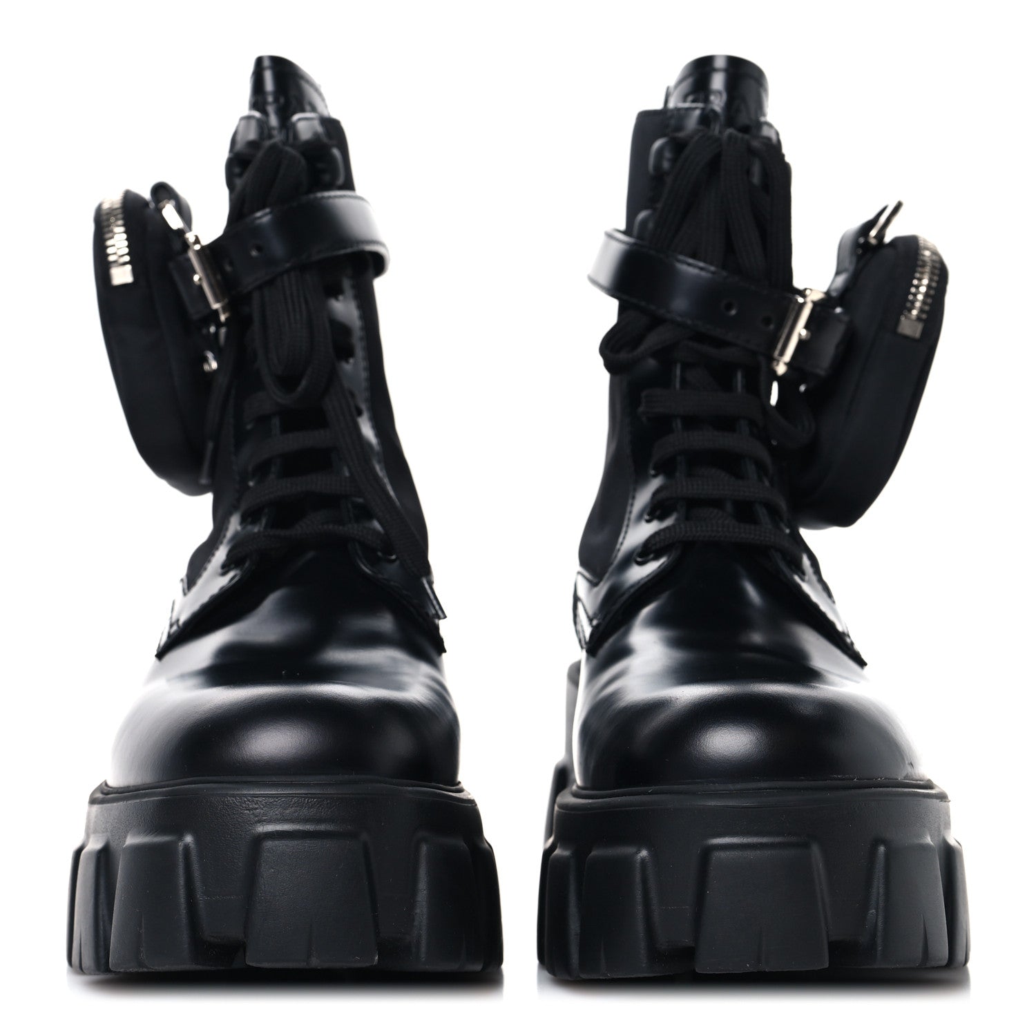 Prada Spazzolato Rois Nylon Metal Triangle Logo Monolith Pouch Pocket 55mm Boots 38.5 Black 3 of 9