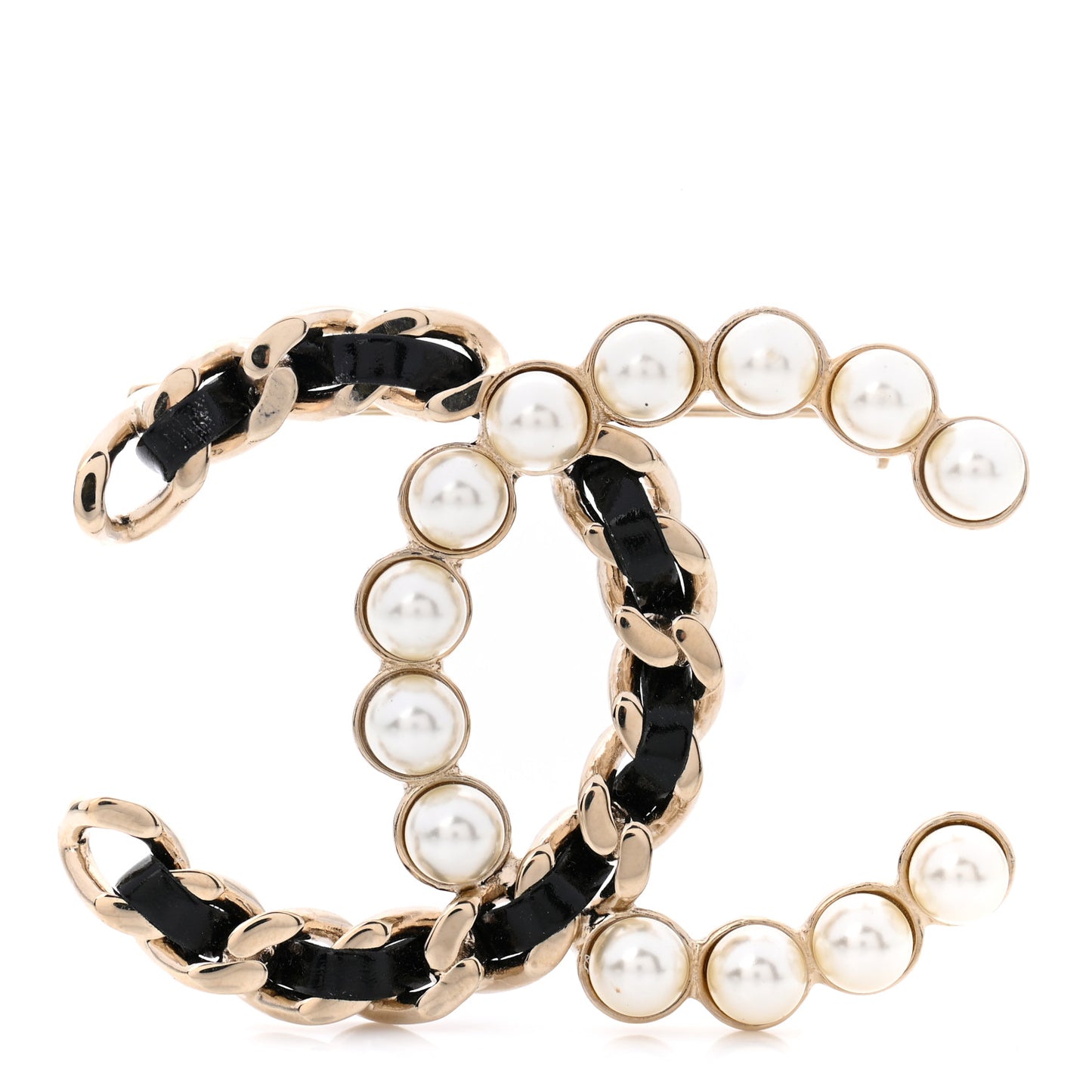Lambskin Pearl CC Chain Brooch Black Gold