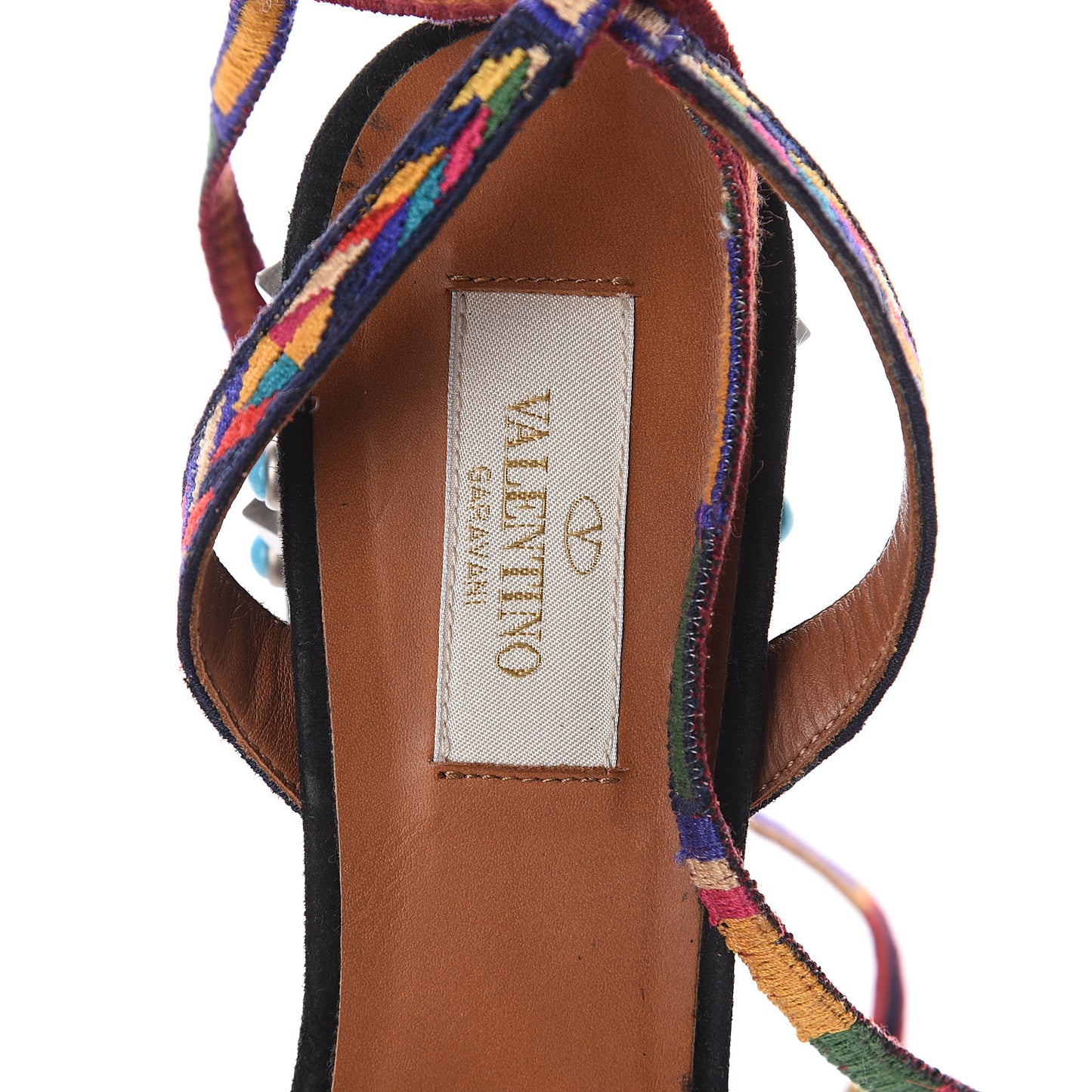 Suede Embroidered Rockstud Rolling 60mm City Wrap Sandals 38 Black Multicolor