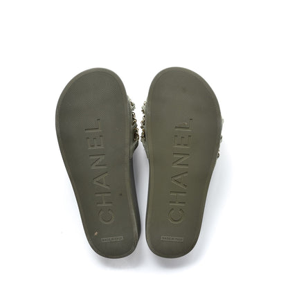 Chanel Canvas Chain Flat Sandals 38 Khaki 5 of 11