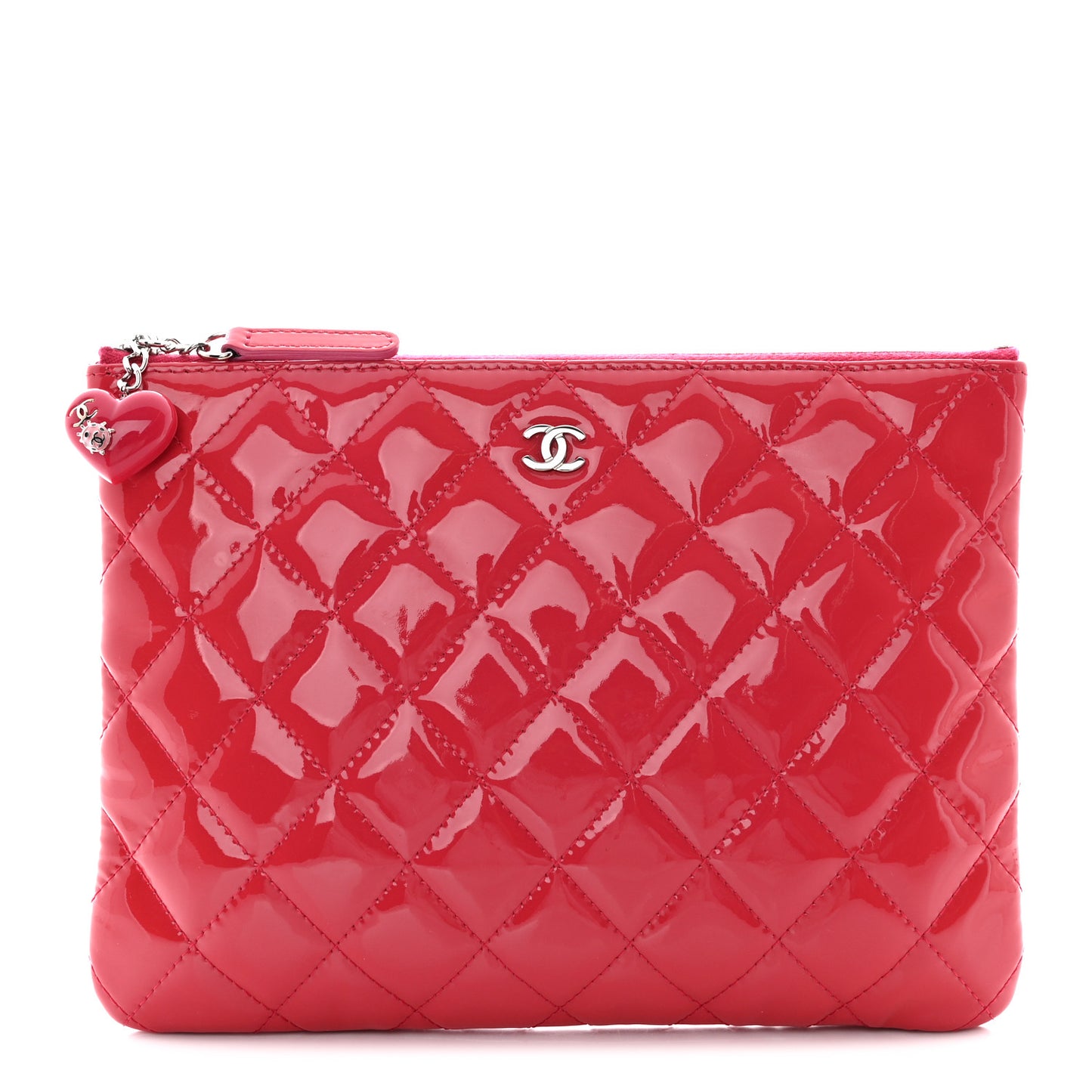 Patent Calfskin Quilted Valentine Hearts Medium O Cosmetic Case Red