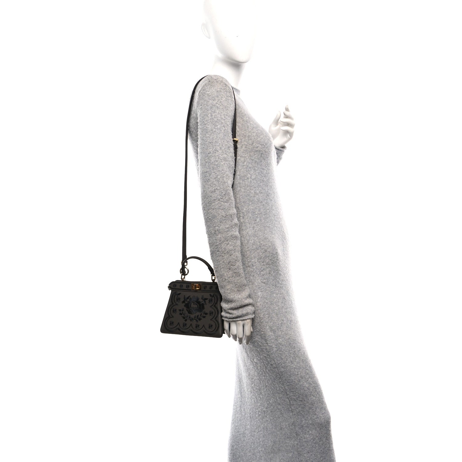 Fendi Vitello Seta Shiny Nappa Floral Embroidered Petite Peekaboo I SEE U Satchel Carbone Black 2 of 14