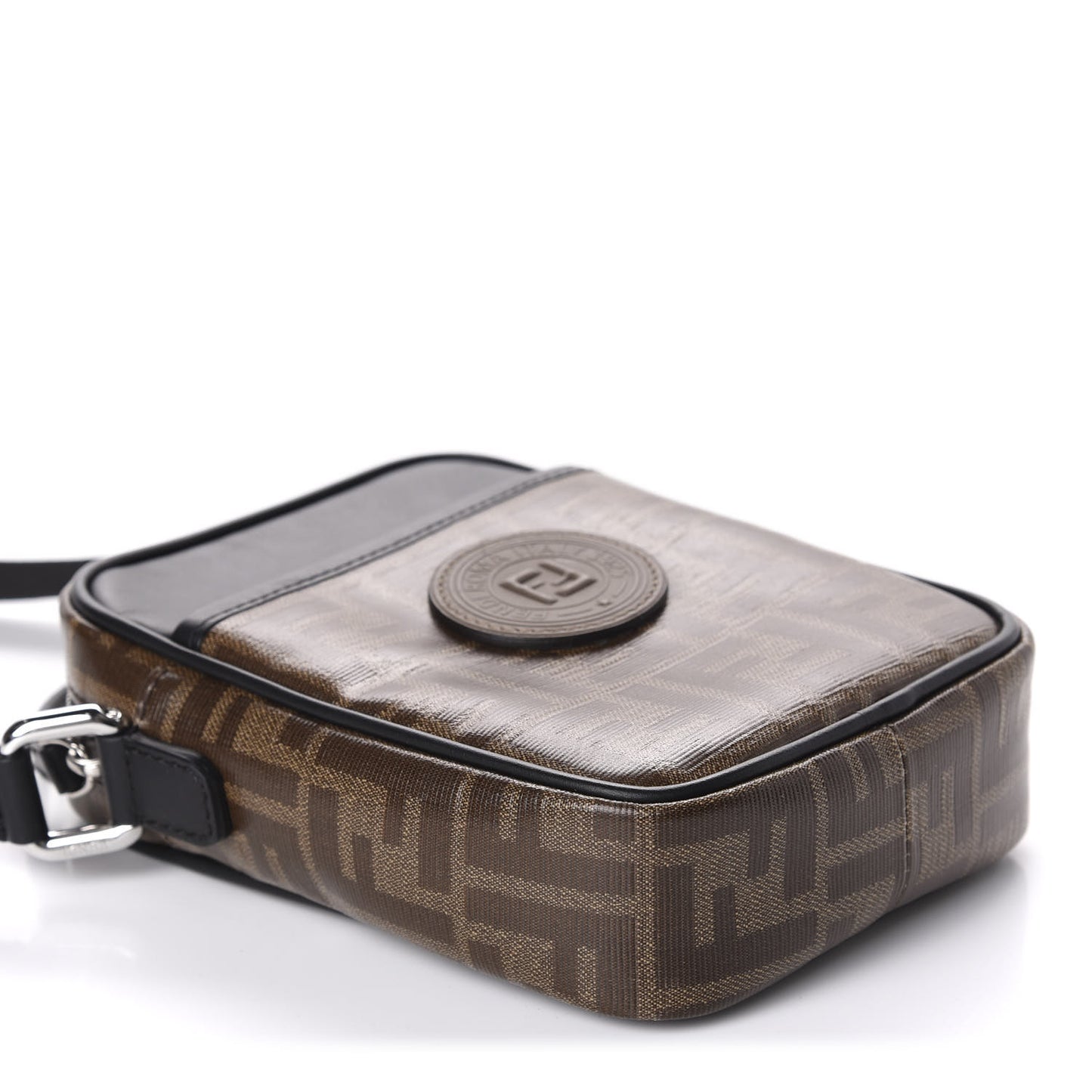 Glazed Fabric Vitello Century FF 1974 Stamp Patch Small Crossbody Messenger Mogano Panna Black