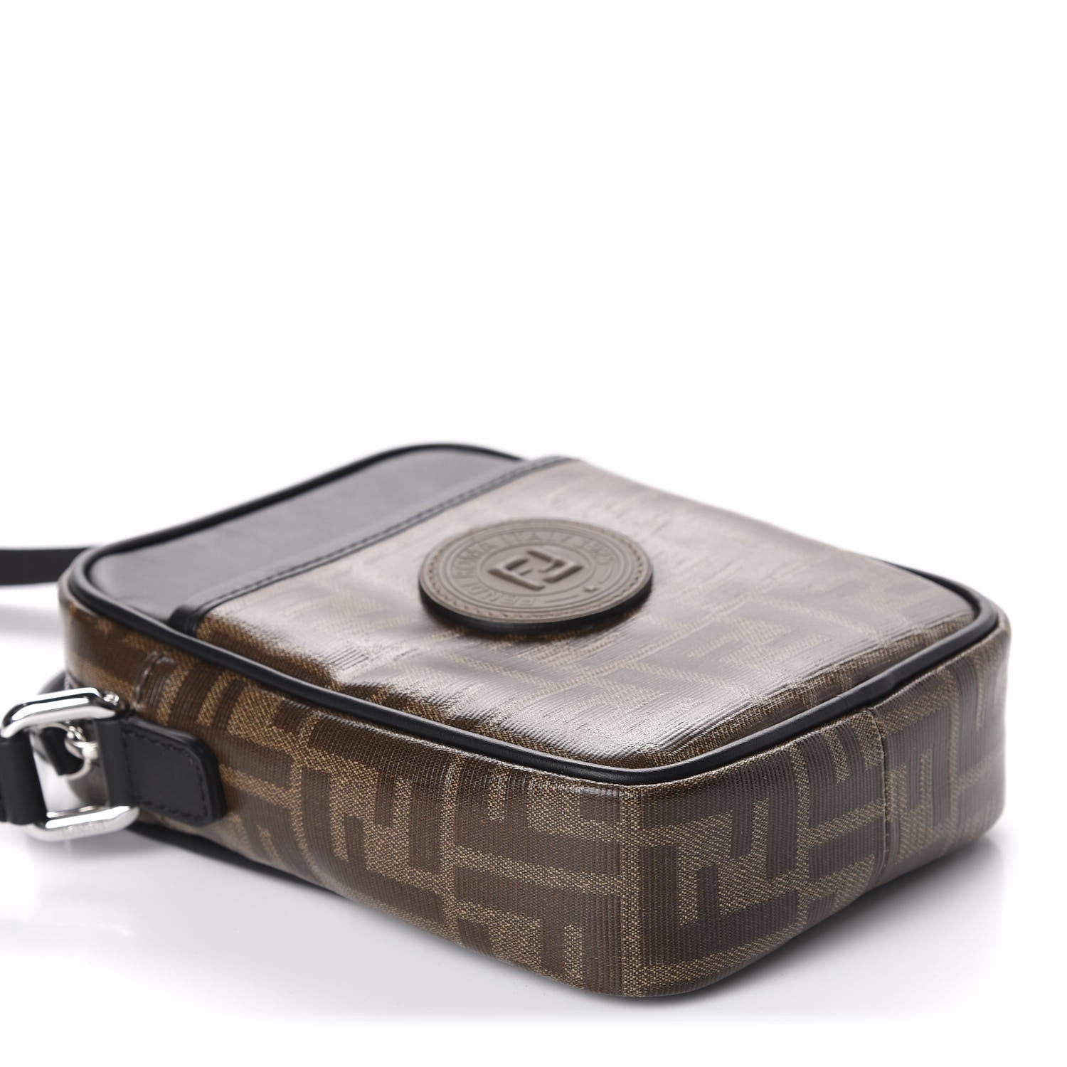 Fendi Glazed Fabric Vitello Century FF 1974 Stamp Patch Small Crossbody Messenger Mogano Panna Black 4 of 10