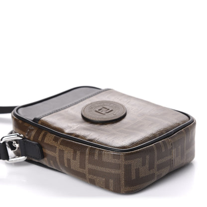 Fendi Glazed Fabric Vitello Century FF 1974 Stamp Patch Small Crossbody Messenger Mogano Panna Black 4 of 10