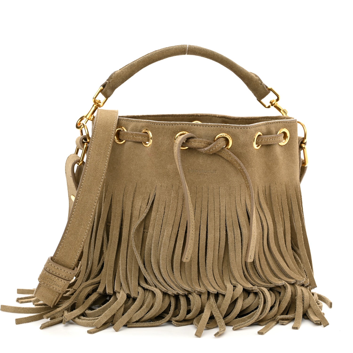 Saint Laurent Suede Calfskin Small Emmanuelle Fringe Bucket Bag Light Ocre 1 of 10
