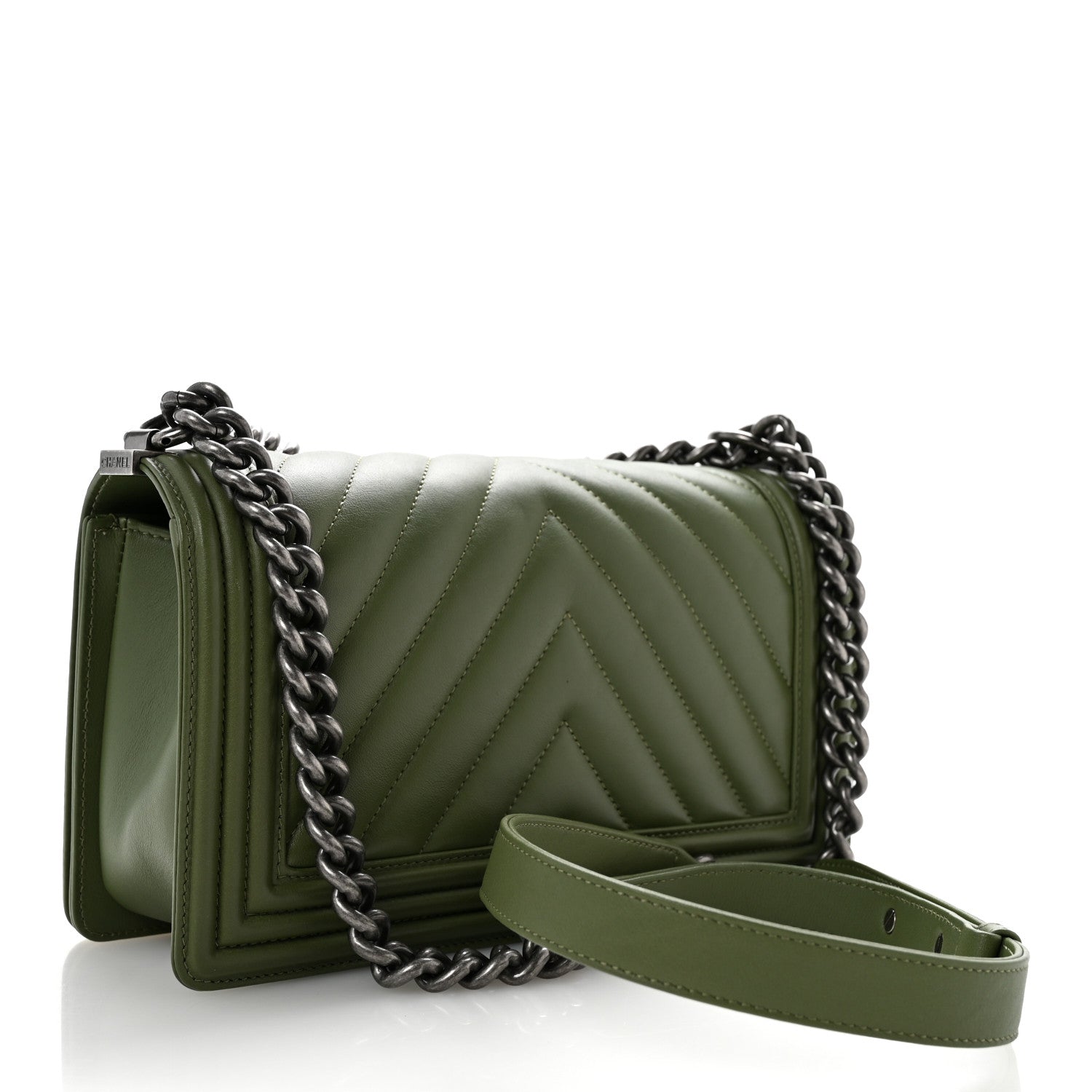 Chanel Calfskin Chevron Quilted Medium Boy Flap Dark Green 3 of 11